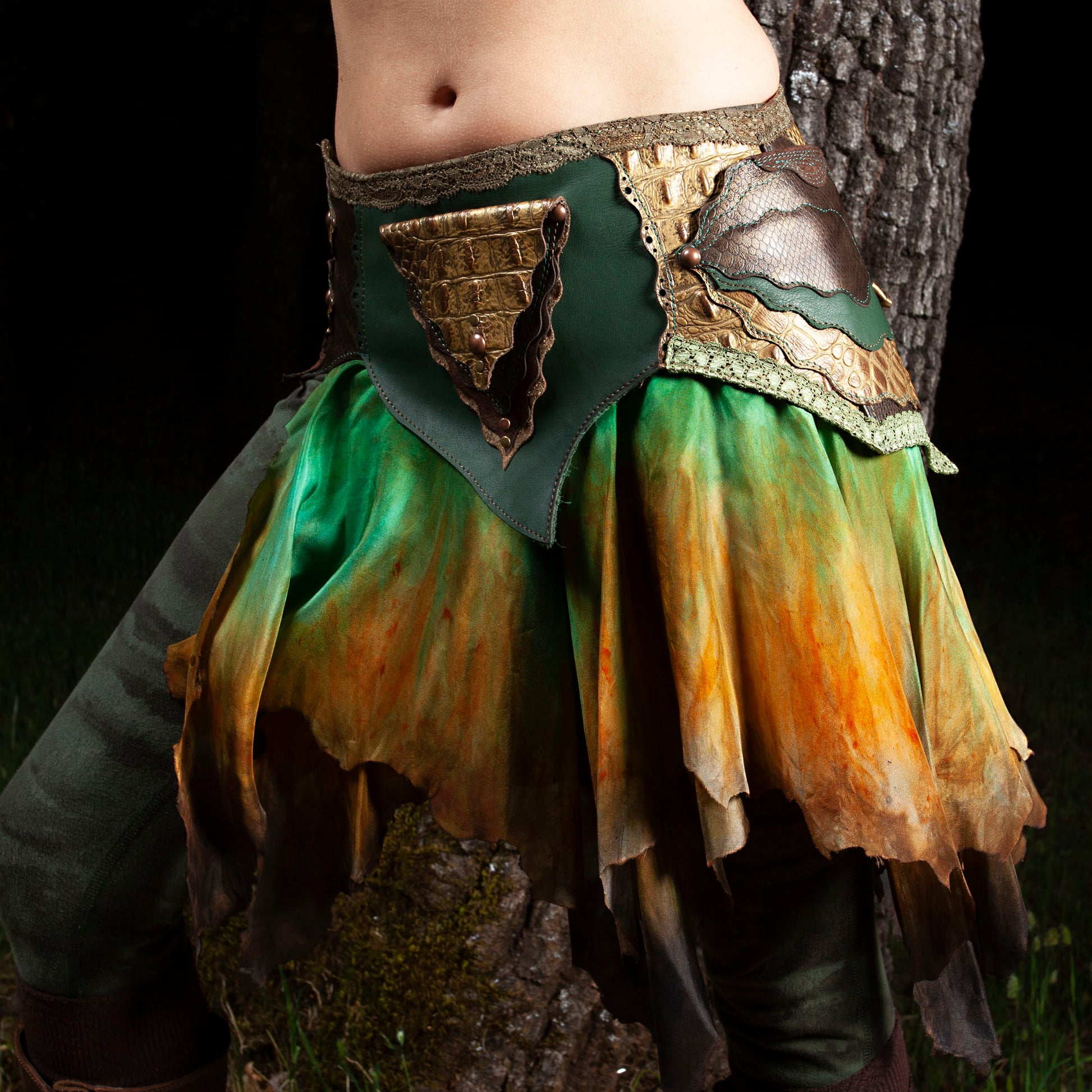 Starfire Skirtbelt | Black & Grey | Silk, Lace & Leather | Made To Order - Astral Chrysalis Designs