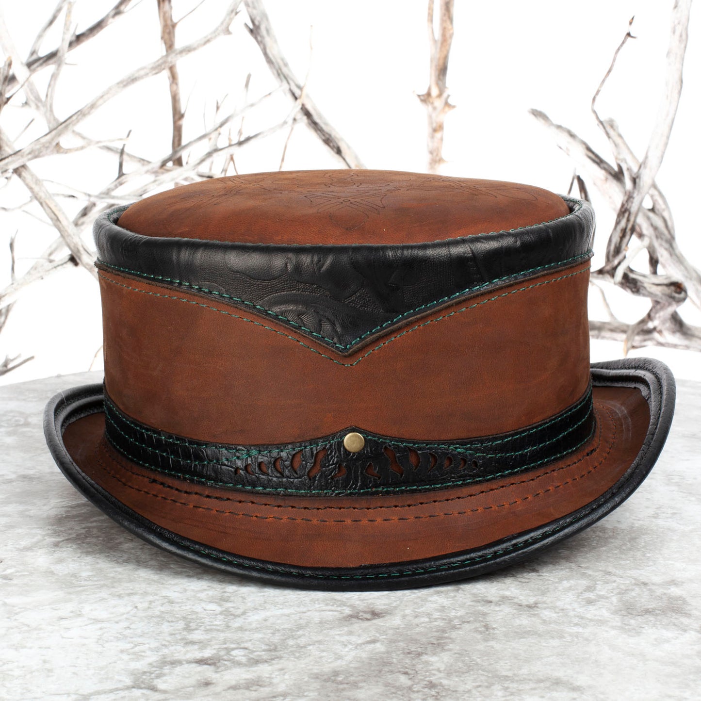 Custom Keaton Pork Pie for Harold | Black & Gray Leather | Tiger Eye Gemstone | Fits a 22.75 - 23 Inch Head - Astral Chrysalis Designs