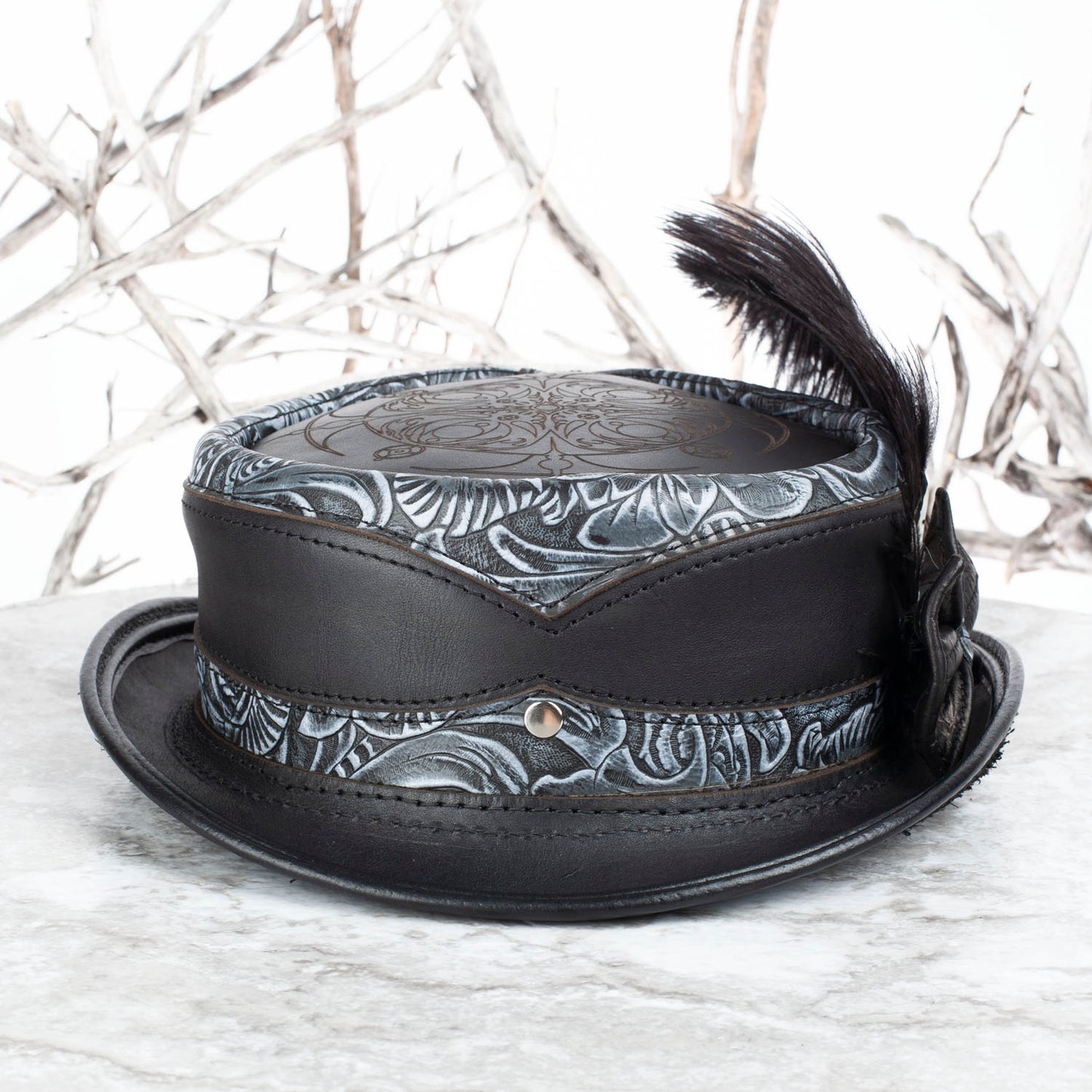 Custom Keaton Pork Pie for Harold | Black & Gray Leather | Tiger Eye Gemstone | Fits a 22.75 - 23 Inch Head - Astral Chrysalis Designs