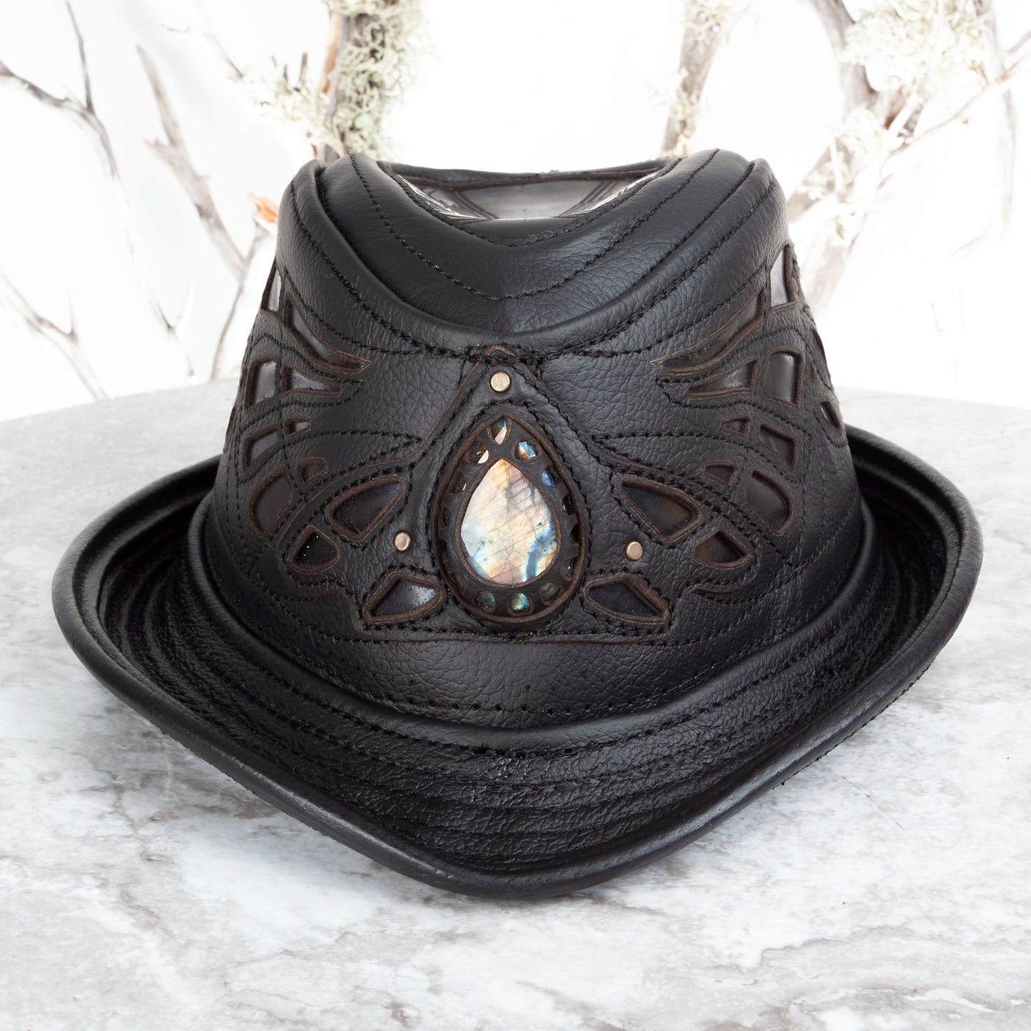 Black Sassafras Fedora | Gemstone Embedded I Made To Order - Astral Chrysalis Designs