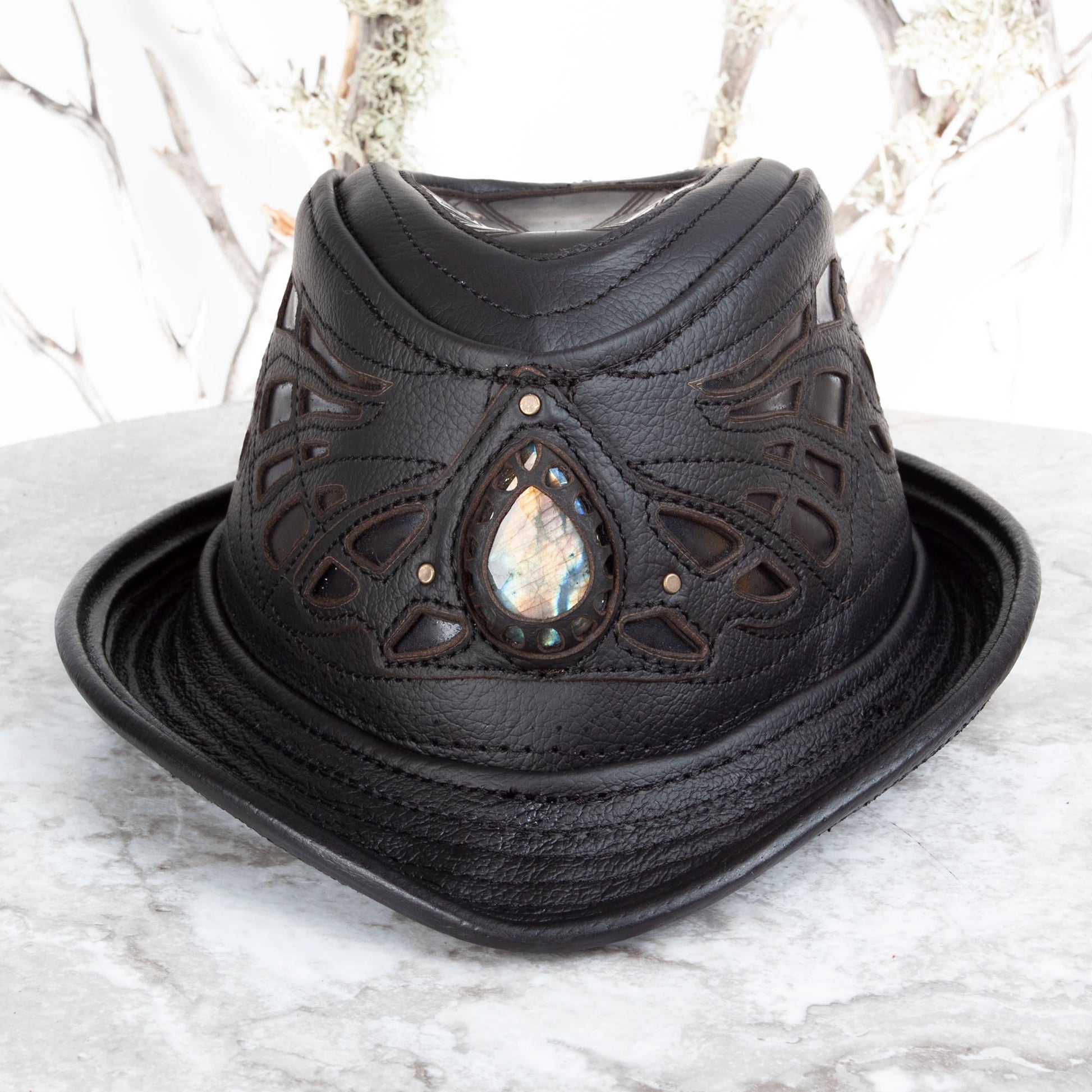 Black Sassafras Fedora | Gemstone Embedded I Made To Order - Astral Chrysalis Designs