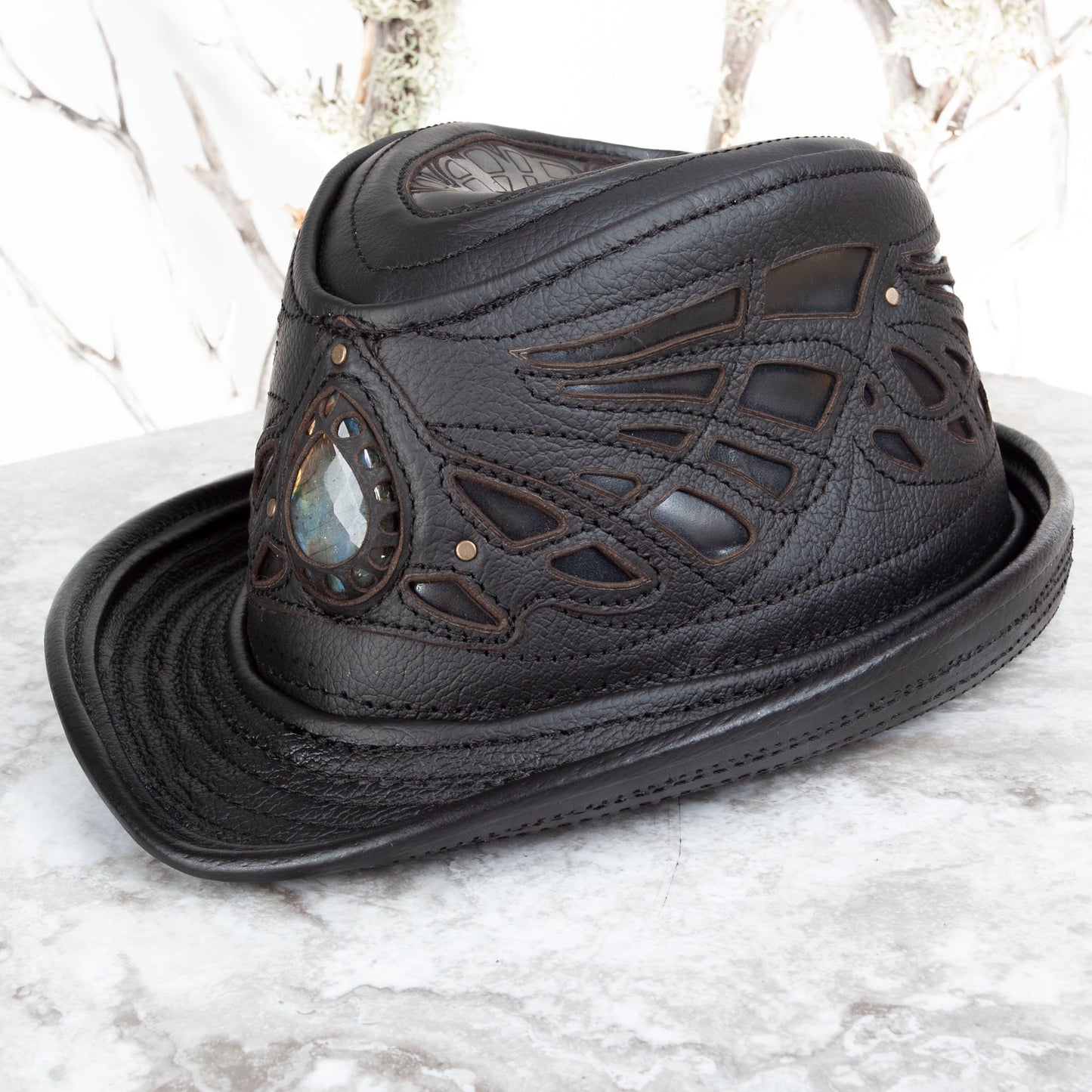 Black Sassafras Fedora | Gemstone Embedded I Made To Order - Astral Chrysalis Designs