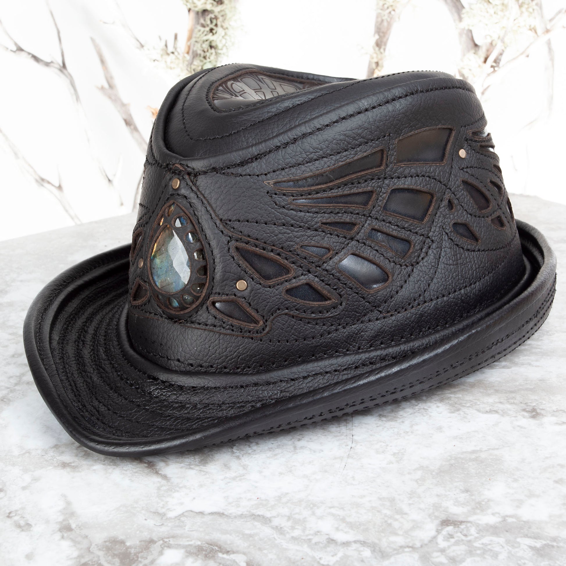 Black Sassafras Fedora | Gemstone Embedded I Made To Order - Astral Chrysalis Designs