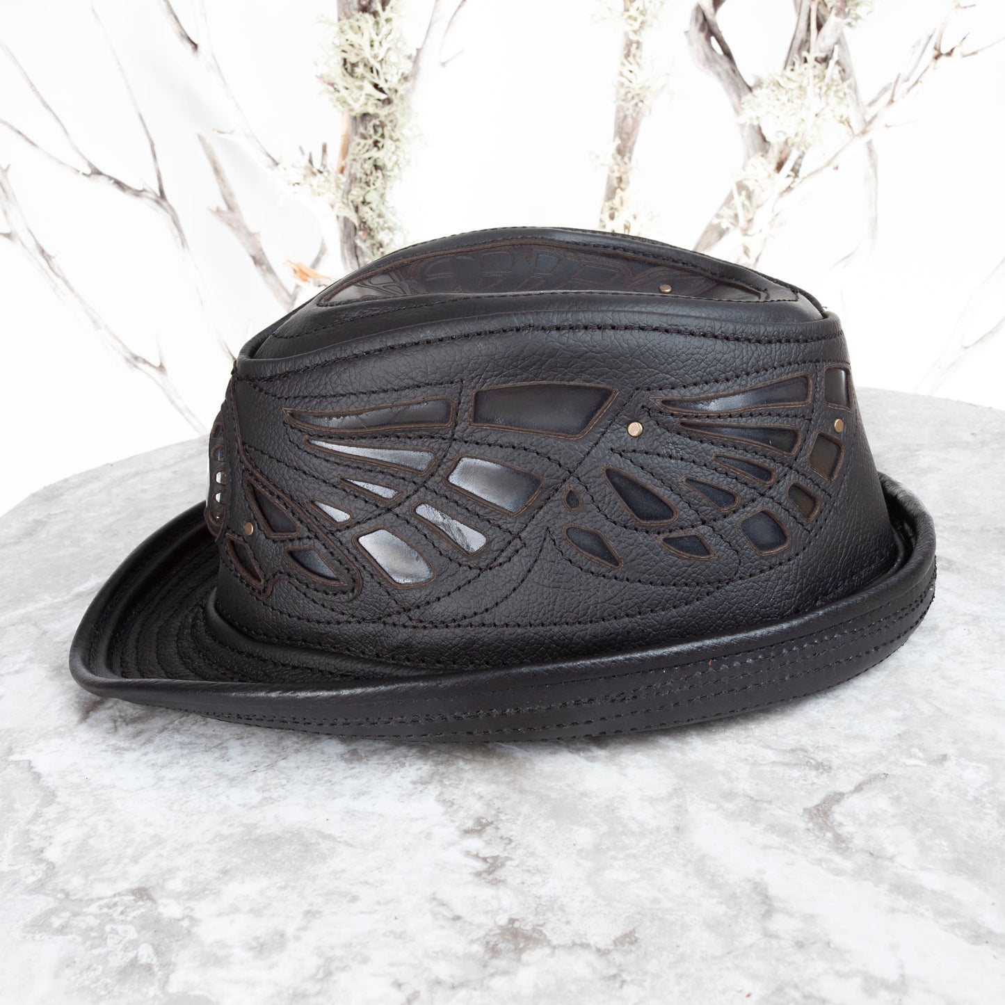 Black Sassafras Fedora | Gemstone Embedded I Made To Order - Astral Chrysalis Designs