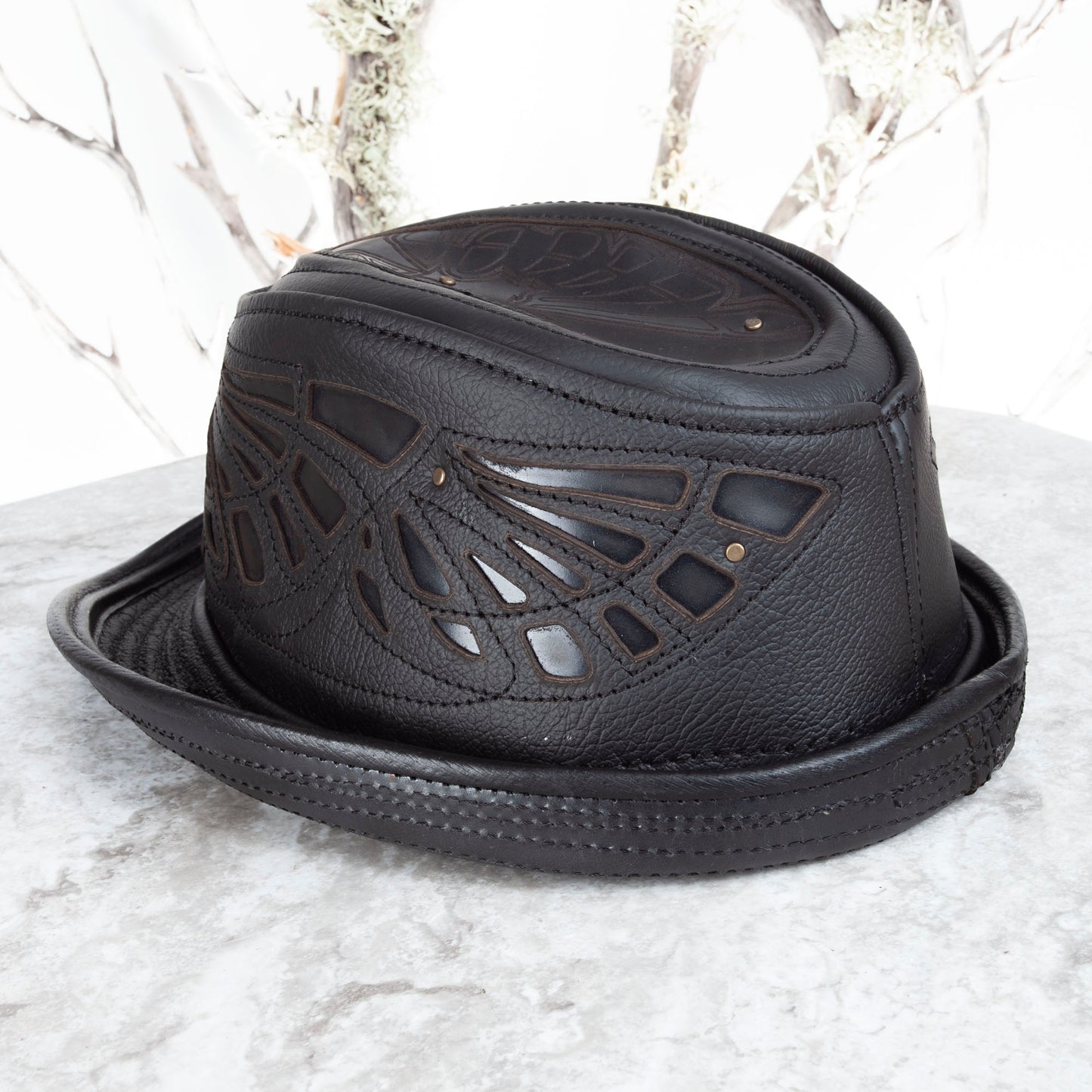 Black Sassafras Fedora | Gemstone Embedded I Made To Order - Astral Chrysalis Designs
