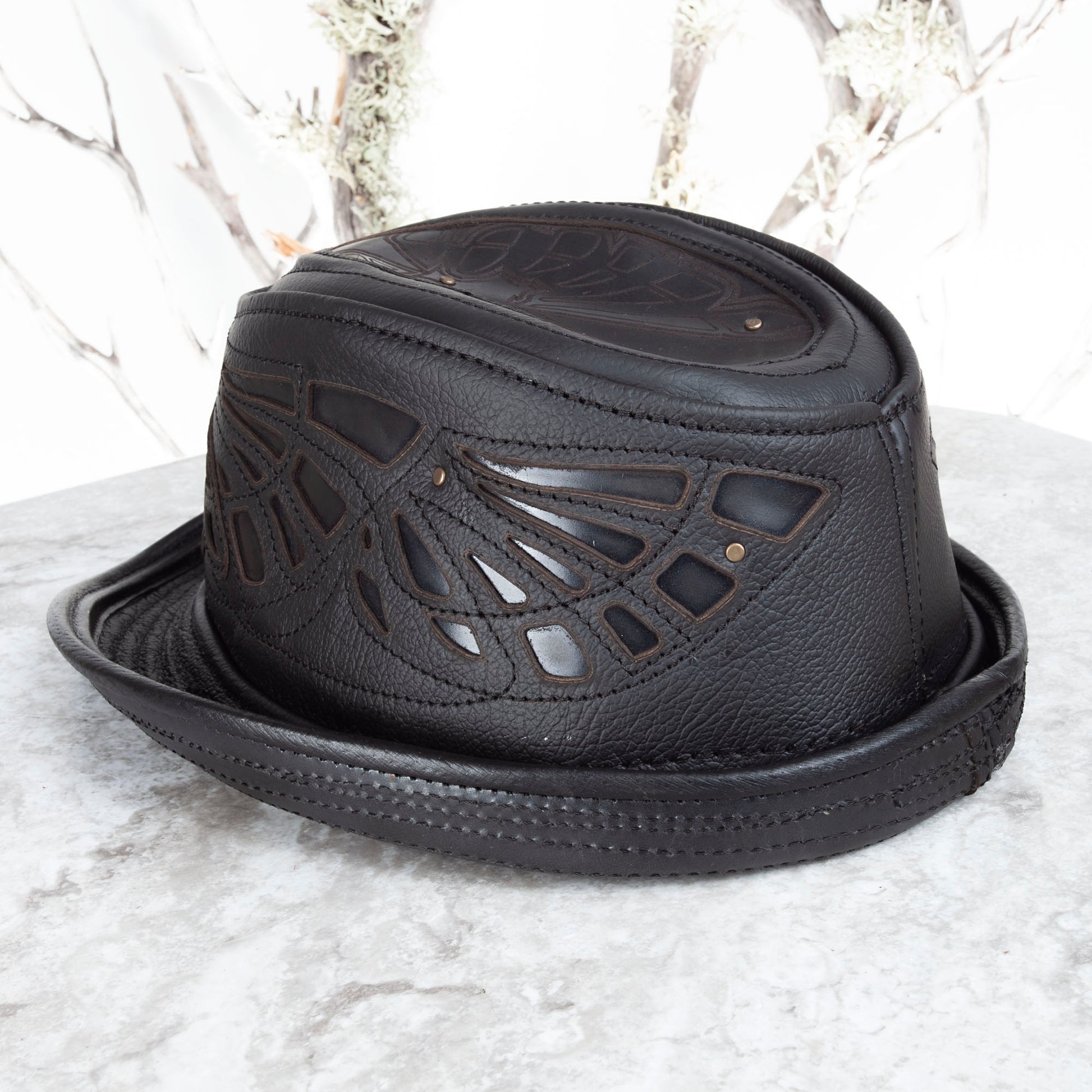 Black Sassafras Fedora | Gemstone Embedded I Made To Order - Astral Chrysalis Designs