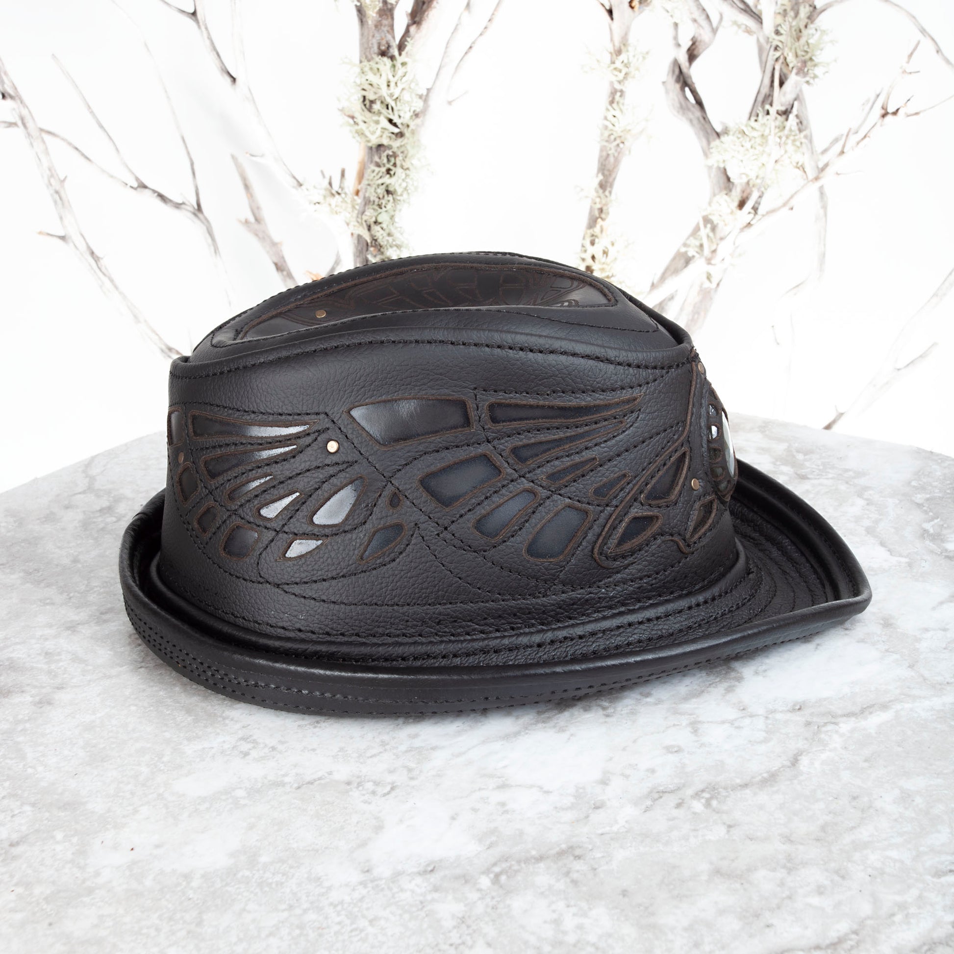 Black Sassafras Fedora | Gemstone Embedded I Made To Order - Astral Chrysalis Designs