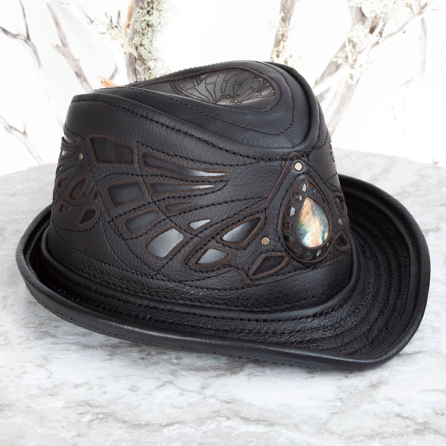 Black Sassafras Fedora | Gemstone Embedded I Made To Order - Astral Chrysalis Designs