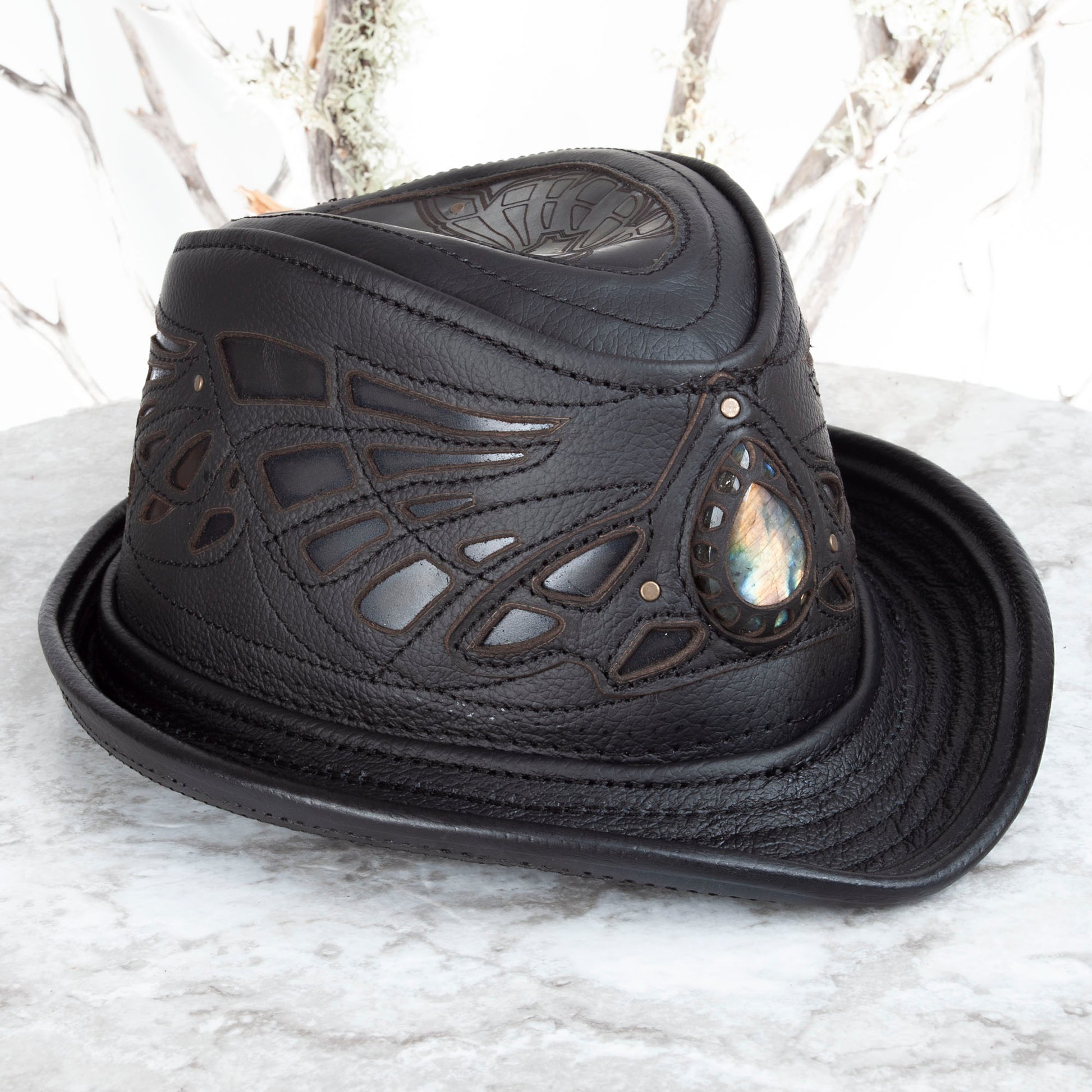 Black Sassafras Fedora | Gemstone Embedded I Made To Order - Astral Chrysalis Designs