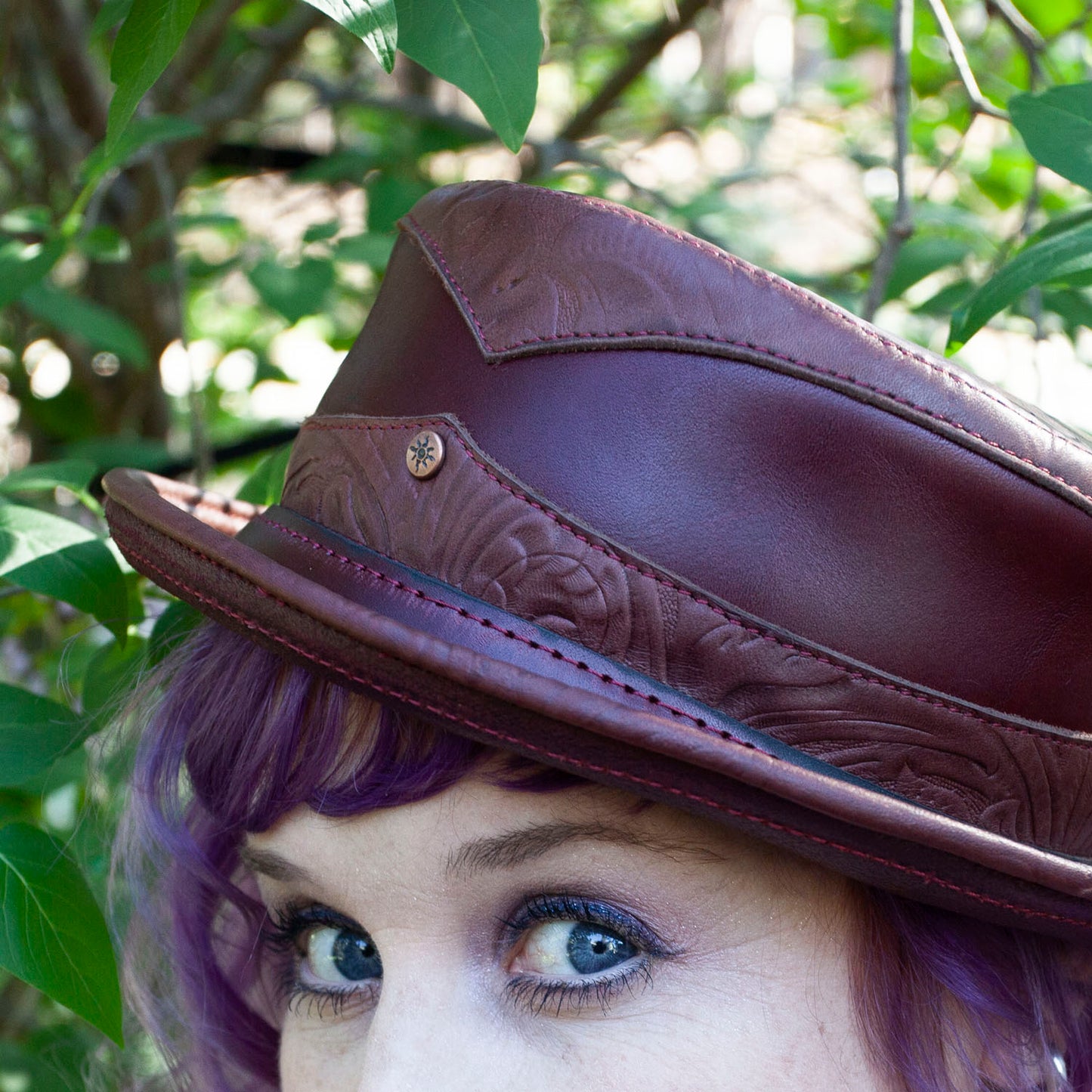 Custom Keaton Pork Pie for Harold | Black & Gray Leather | Tiger Eye Gemstone | Fits a 22.75 - 23 Inch Head - Astral Chrysalis Designs