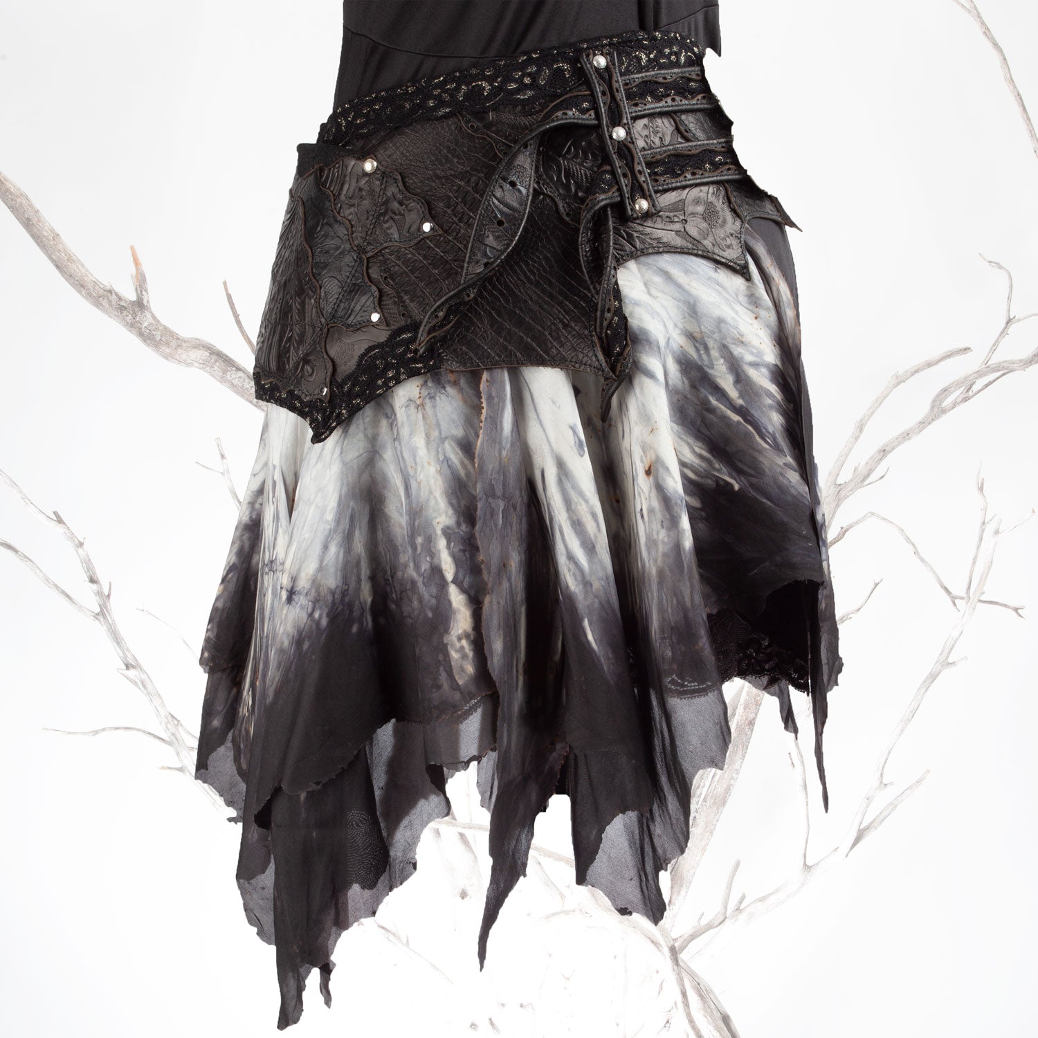 Starfire Skirtbelt | Black & Grey | Silk, Lace & Leather | Made To Order - Astral Chrysalis Designs