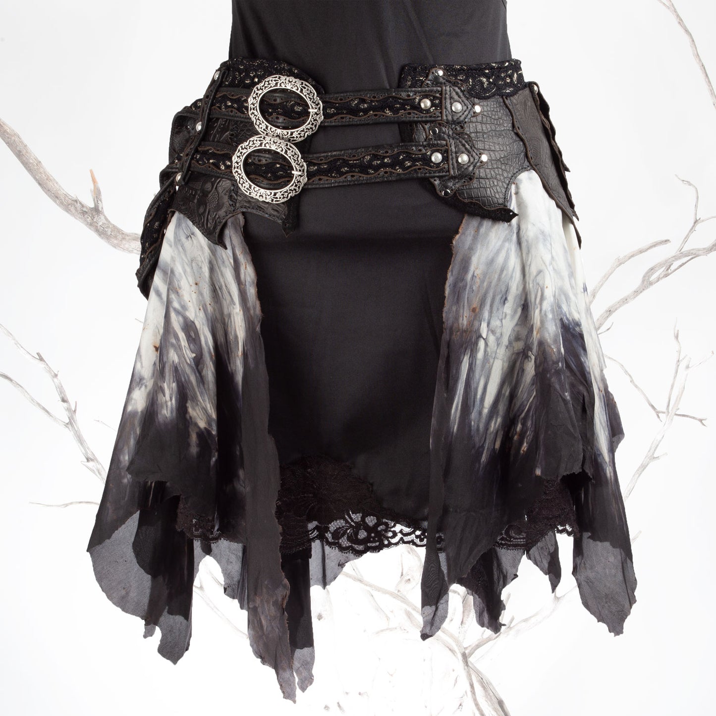 Starfire Skirtbelt | Black & Grey | Silk, Lace & Leather | Made To Order - Astral Chrysalis Designs