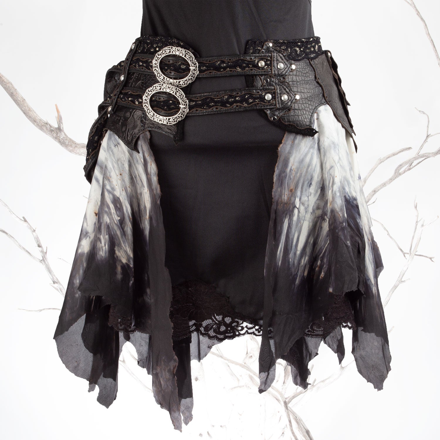 Starfire Skirtbelt | Black & Grey | Silk, Lace & Leather | Made To Order - Astral Chrysalis Designs