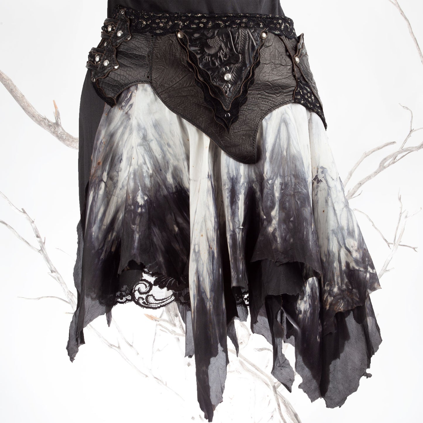 Starfire Skirtbelt | Black & Grey | Silk, Lace & Leather | Made To Order - Astral Chrysalis Designs