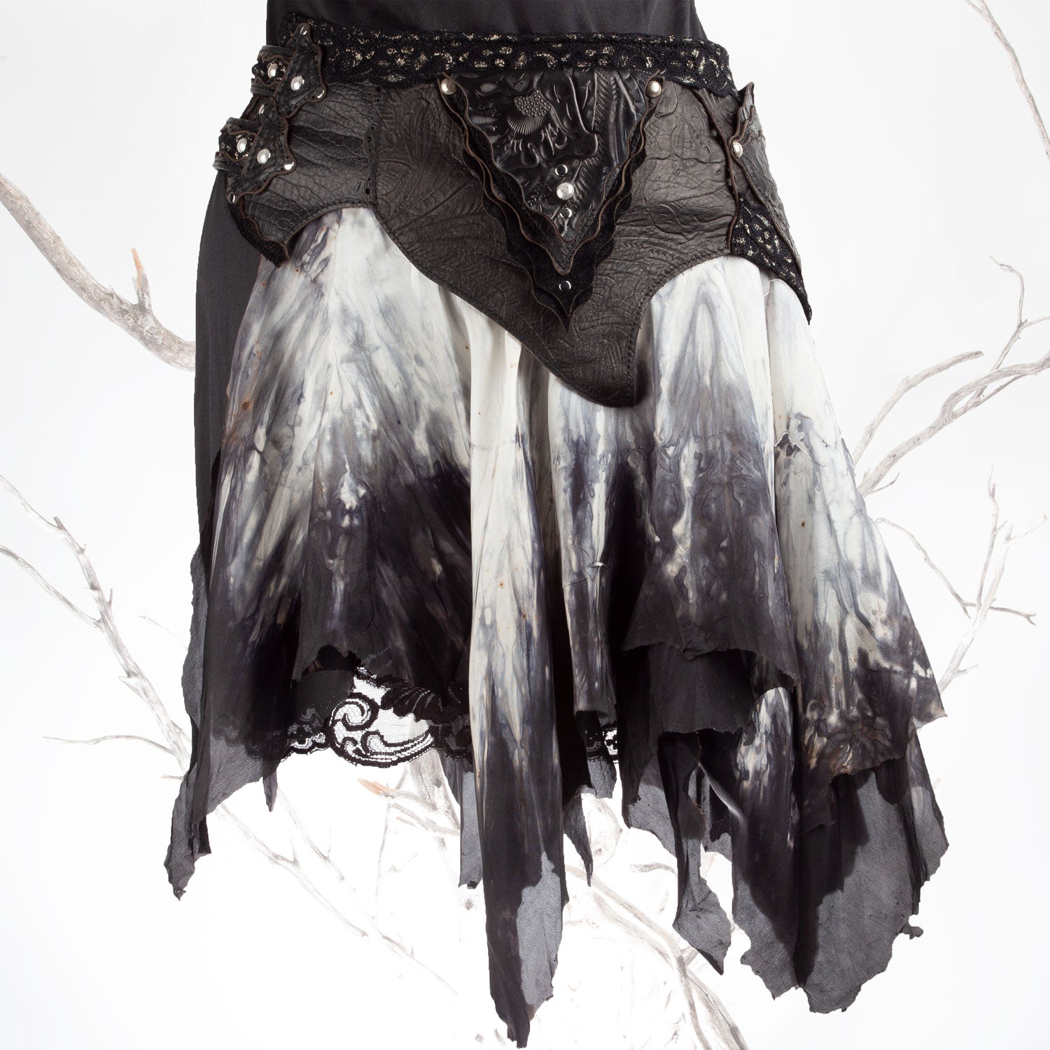 Starfire Skirtbelt | Black & Grey | Silk, Lace & Leather | Made To Order - Astral Chrysalis Designs