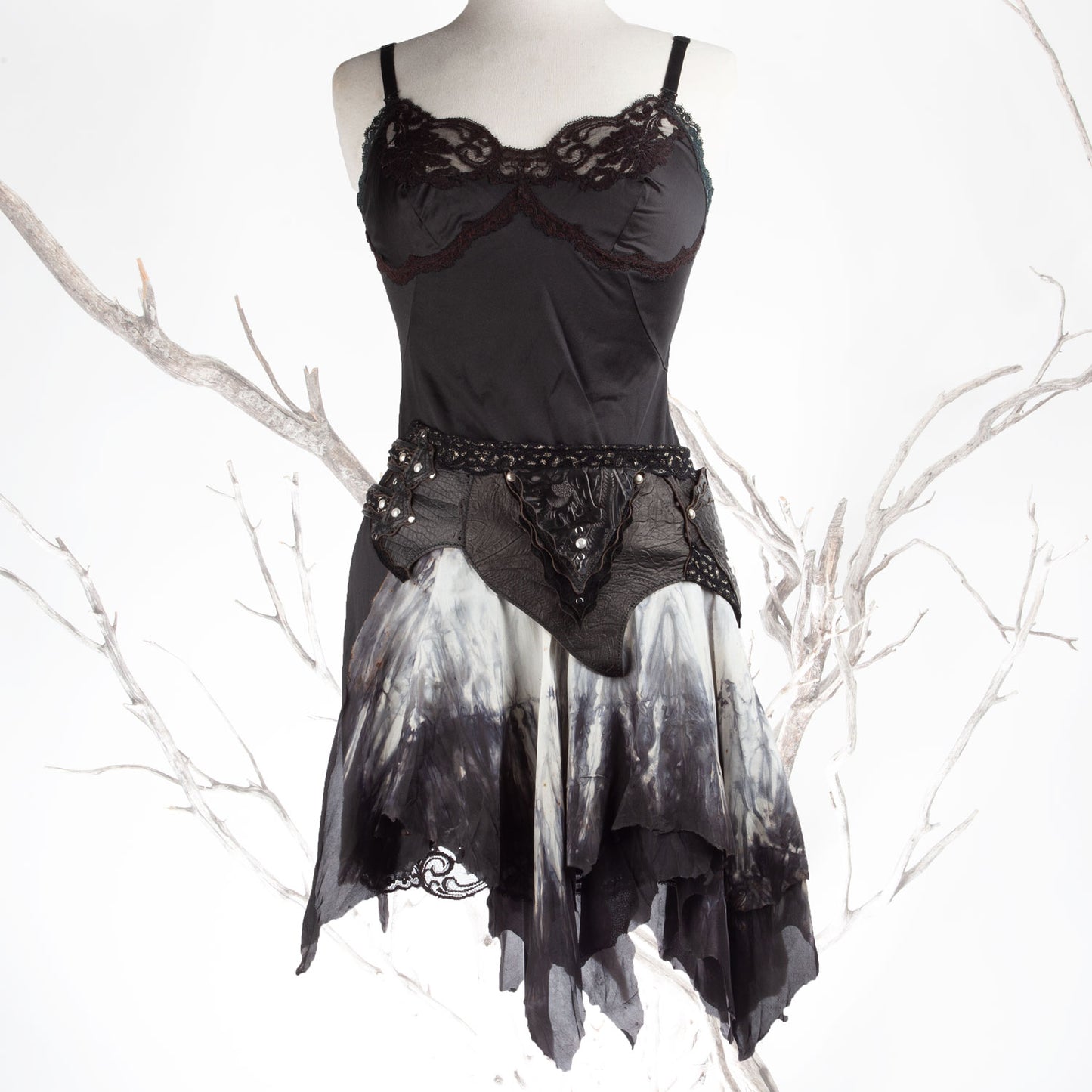 Starfire Skirtbelt | Black & Grey | Silk, Lace & Leather | Made To Order - Astral Chrysalis Designs