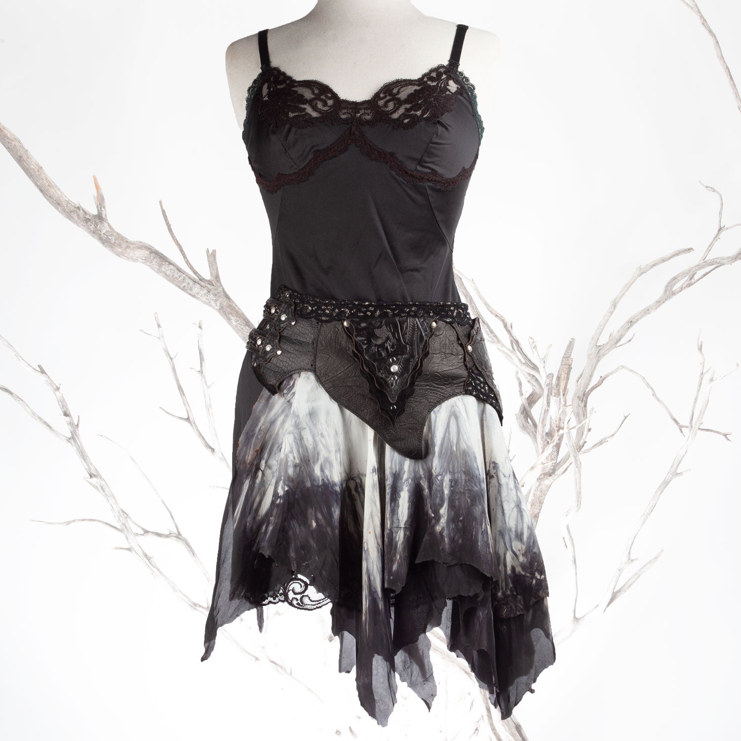 Starfire Skirtbelt | Black & Grey | Silk, Lace & Leather | Made To Order - Astral Chrysalis Designs