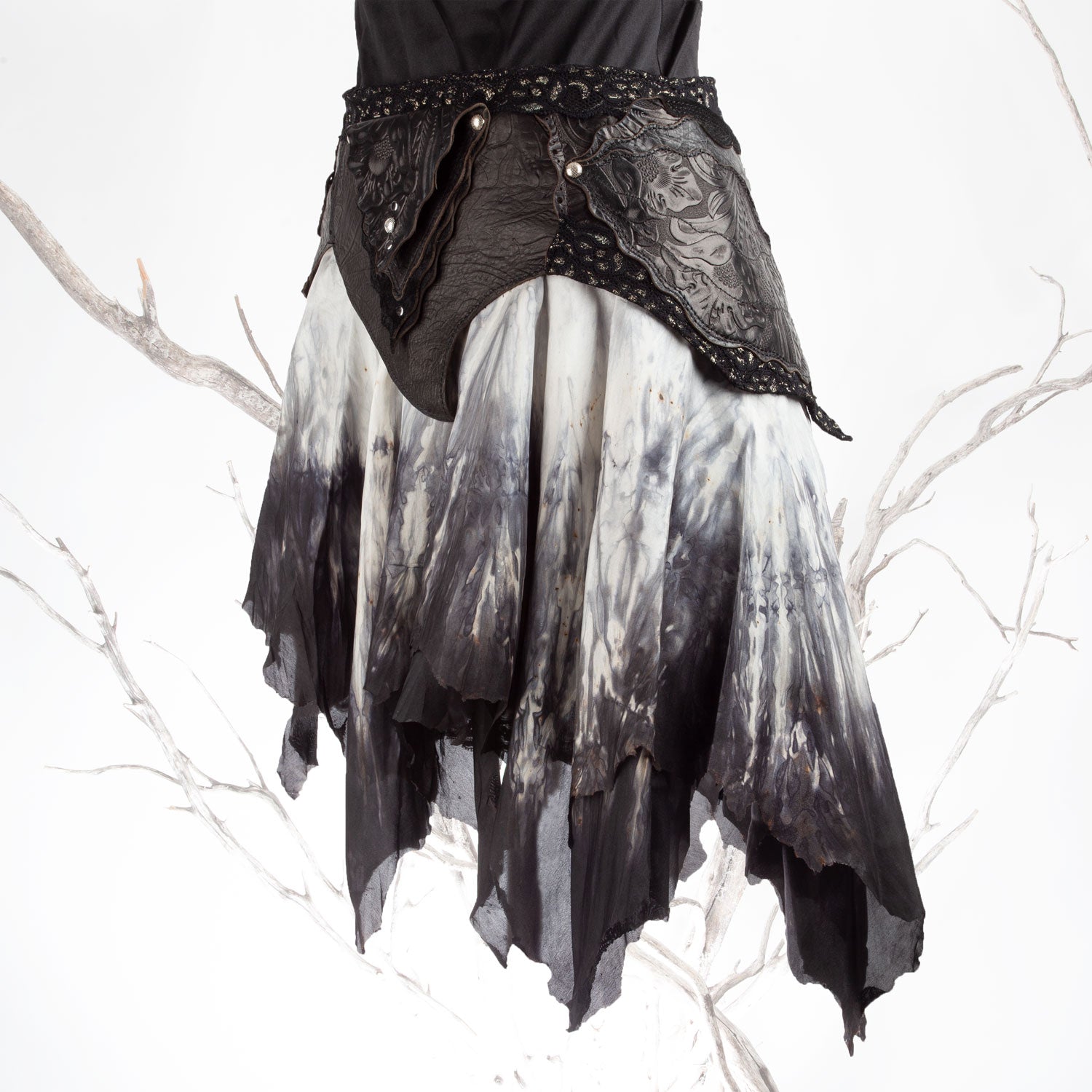 Starfire Skirtbelt | Black & Grey | Silk, Lace & Leather | Made To Order - Astral Chrysalis Designs