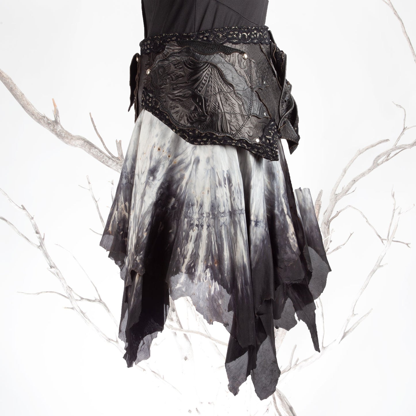 Starfire Skirtbelt | Black & Grey | Silk, Lace & Leather | Made To Order - Astral Chrysalis Designs