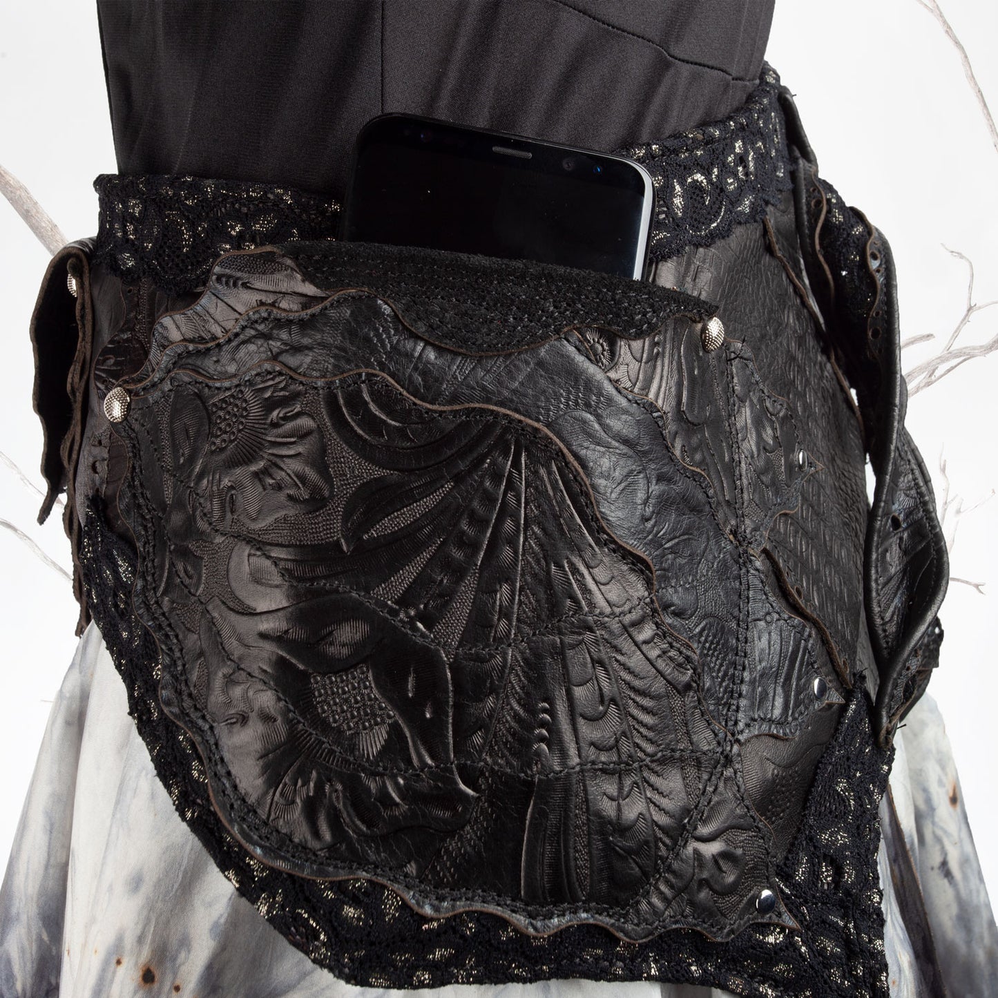 Starfire Skirtbelt | Black & Grey | Silk, Lace & Leather | Made To Order - Astral Chrysalis Designs