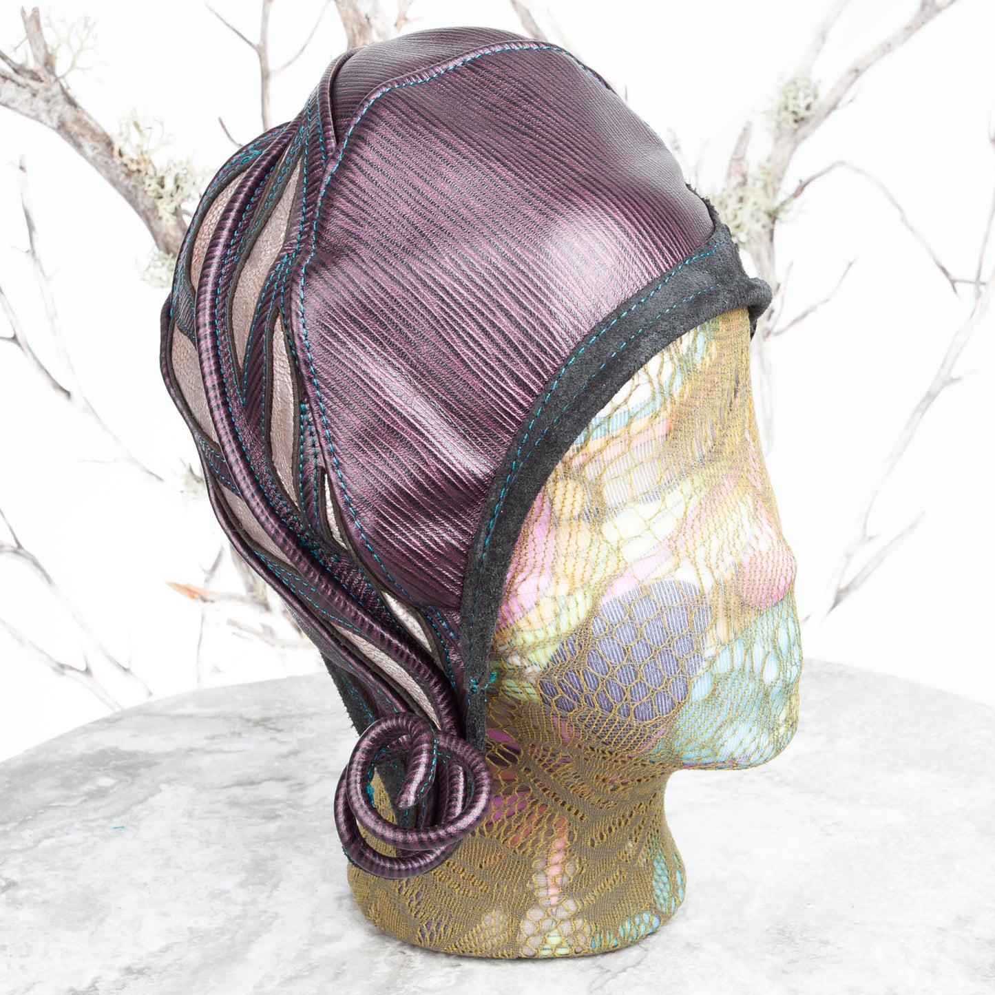 Ellowyn Leather Cloche | Purple & Pearlescent Leather with Flower | Fits a 21-21.5 Inch Head - Astral Chrysalis Designs