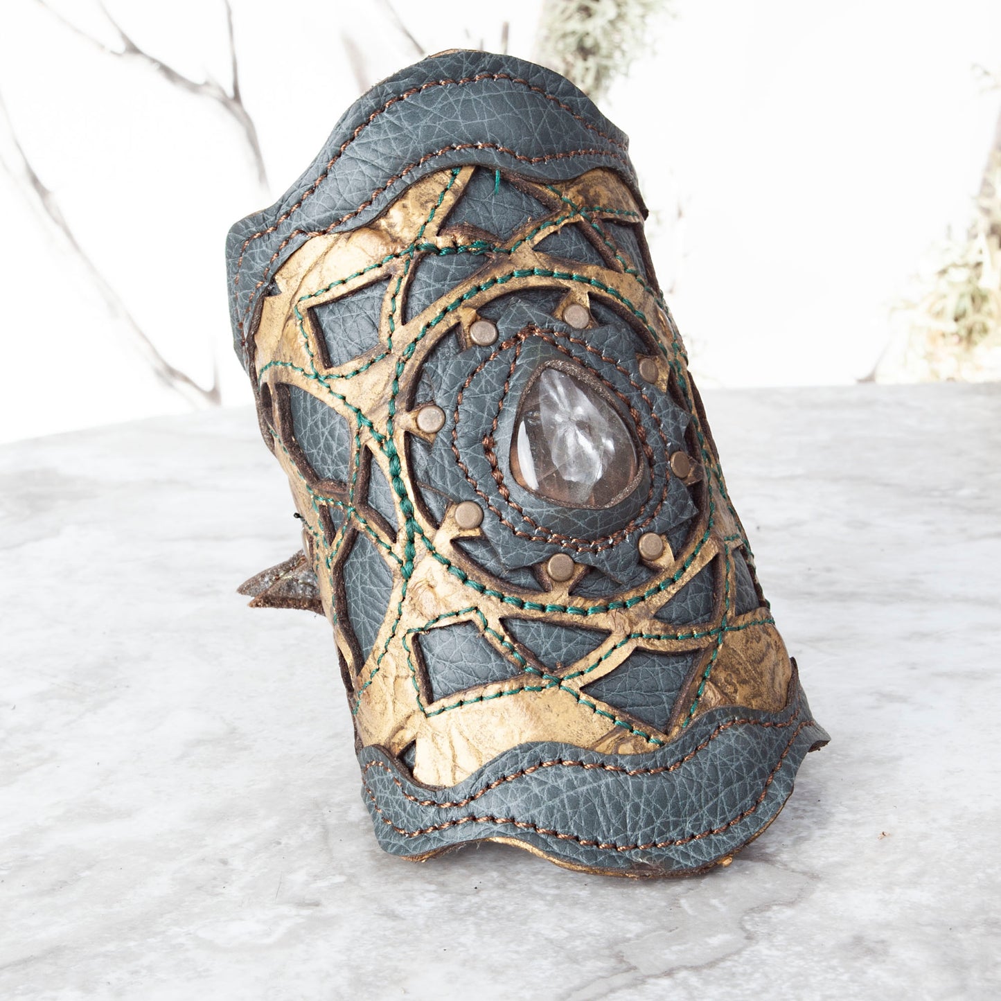 Leather Bracelet, Gemstone Bracelet, Arm Cuff, Leather Wristband, Leather Cuff, Laser Cut Leather, Triple Goddess, Elven, Labradorite, 7" - Astral Chrysalis Designs