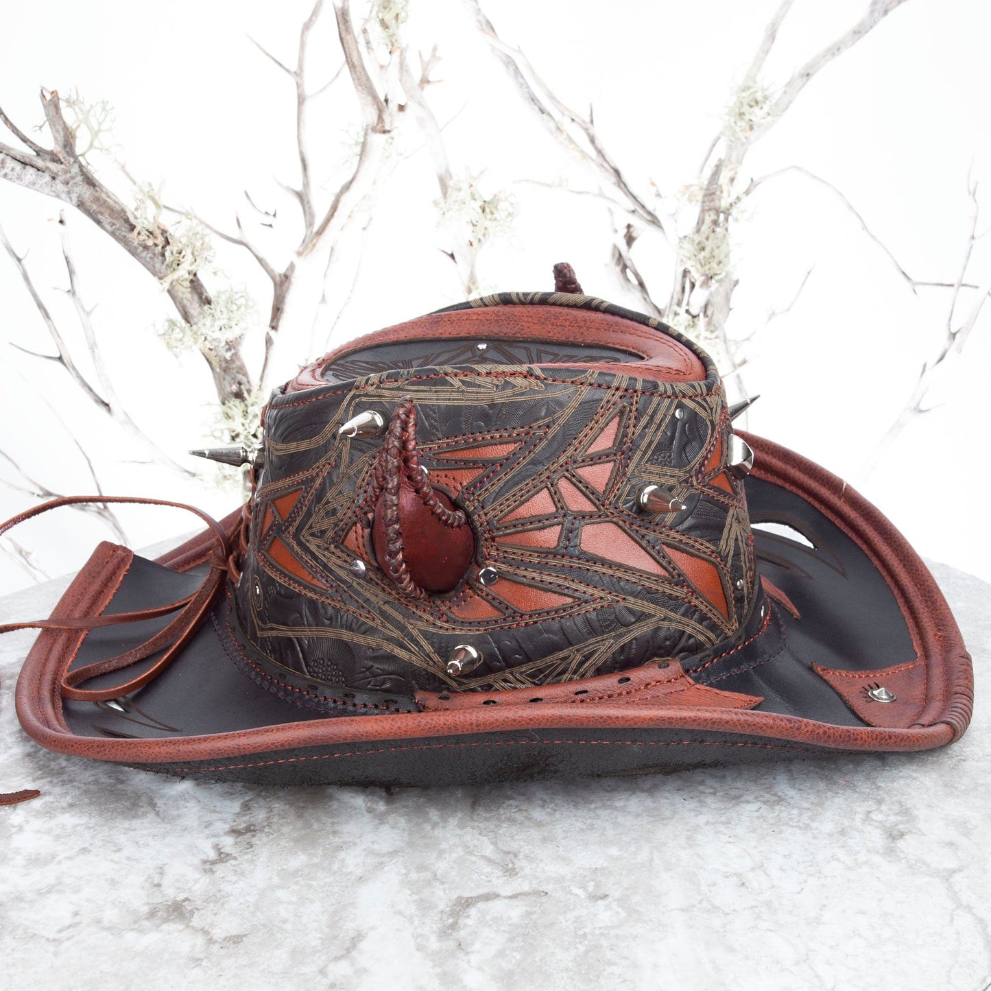 Custom Leather Cowboy Hat With Spikes & Filigree Pirate Eyepatch for Brad - Astral Chrysalis Designs