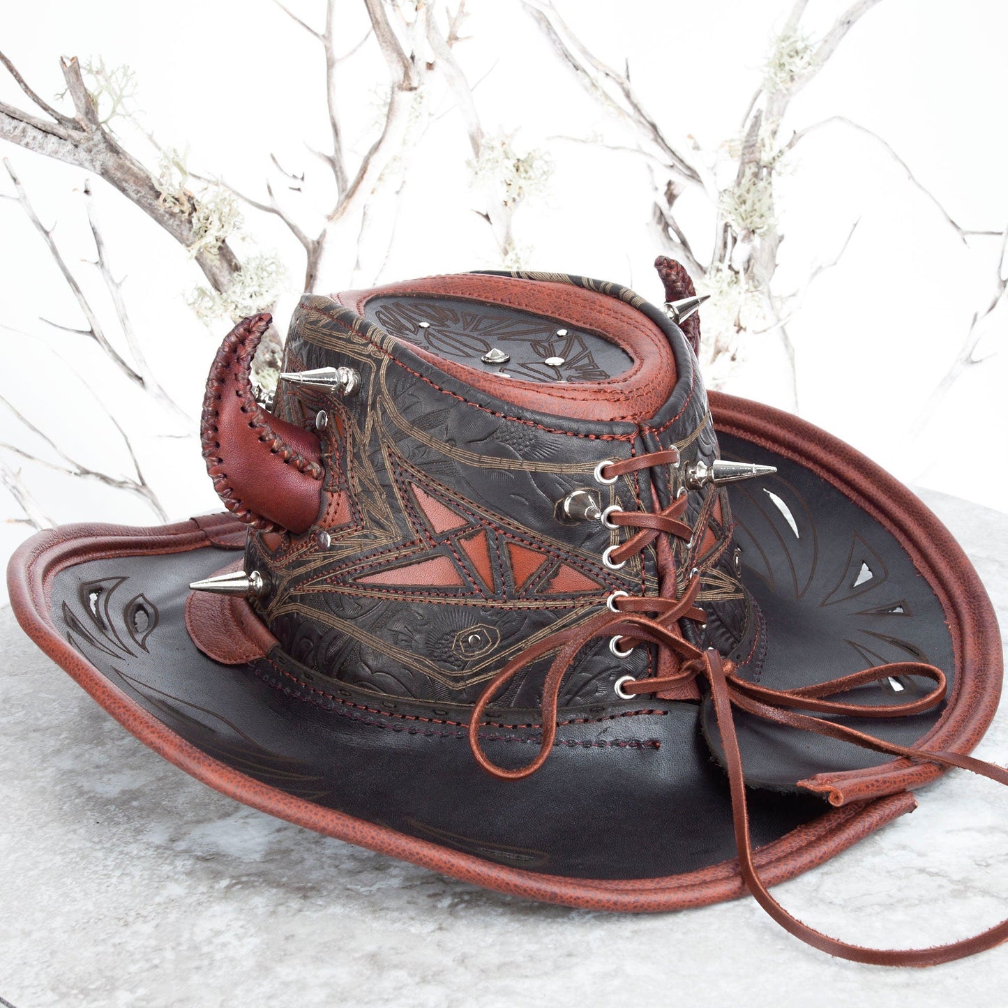 Custom Leather Cowboy Hat With Spikes & Filigree Pirate Eyepatch for Brad - Astral Chrysalis Designs