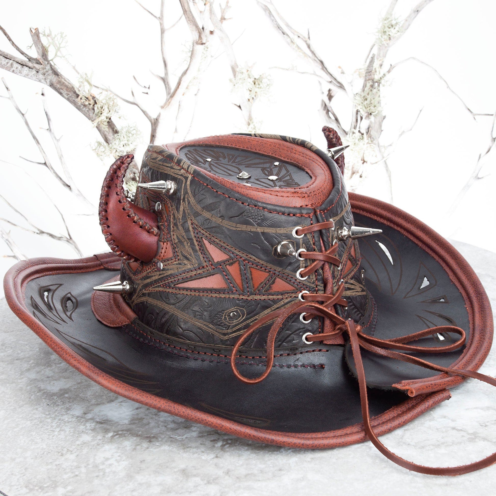 Custom Leather Cowboy Hat With Spikes & Filigree Pirate Eyepatch for Brad - Astral Chrysalis Designs