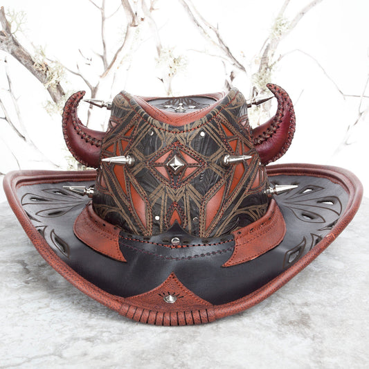 Custom Leather Cowboy Hat With Spikes & Filigree Pirate Eyepatch for Brad - Astral Chrysalis Designs