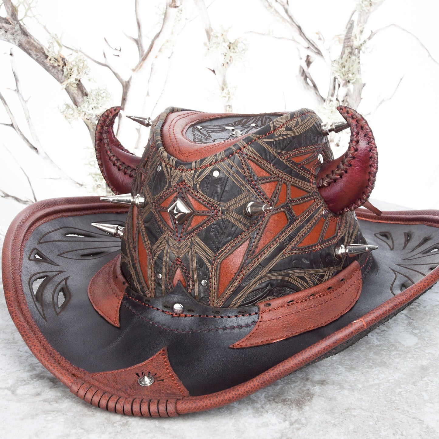 Custom Leather Cowboy Hat With Spikes & Filigree Pirate Eyepatch for Brad