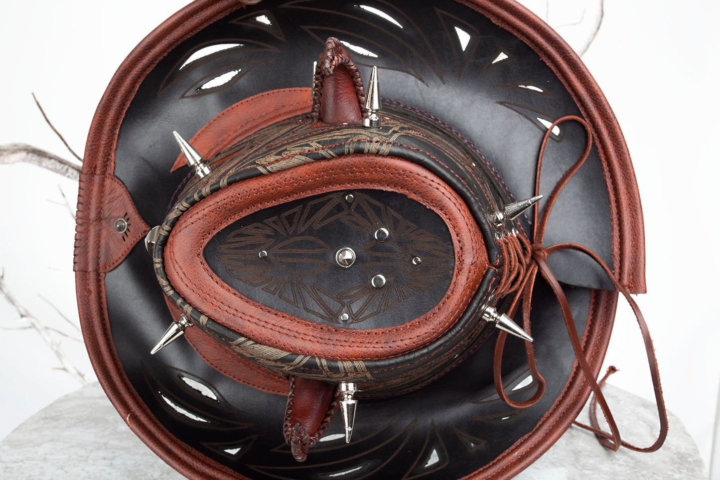 Custom Leather Cowboy Hat With Spikes & Filigree Pirate Eyepatch for Brad - Astral Chrysalis Designs
