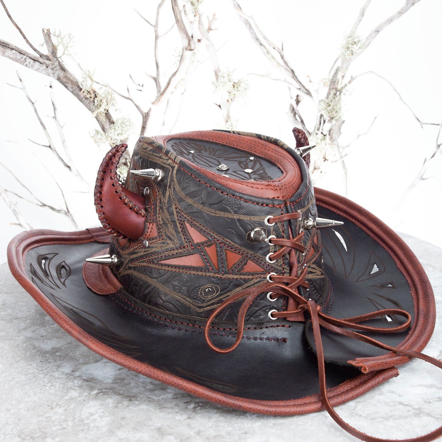 Custom Leather Cowboy Hat With Spikes & Filigree Pirate Eyepatch for Brad - Astral Chrysalis Designs
