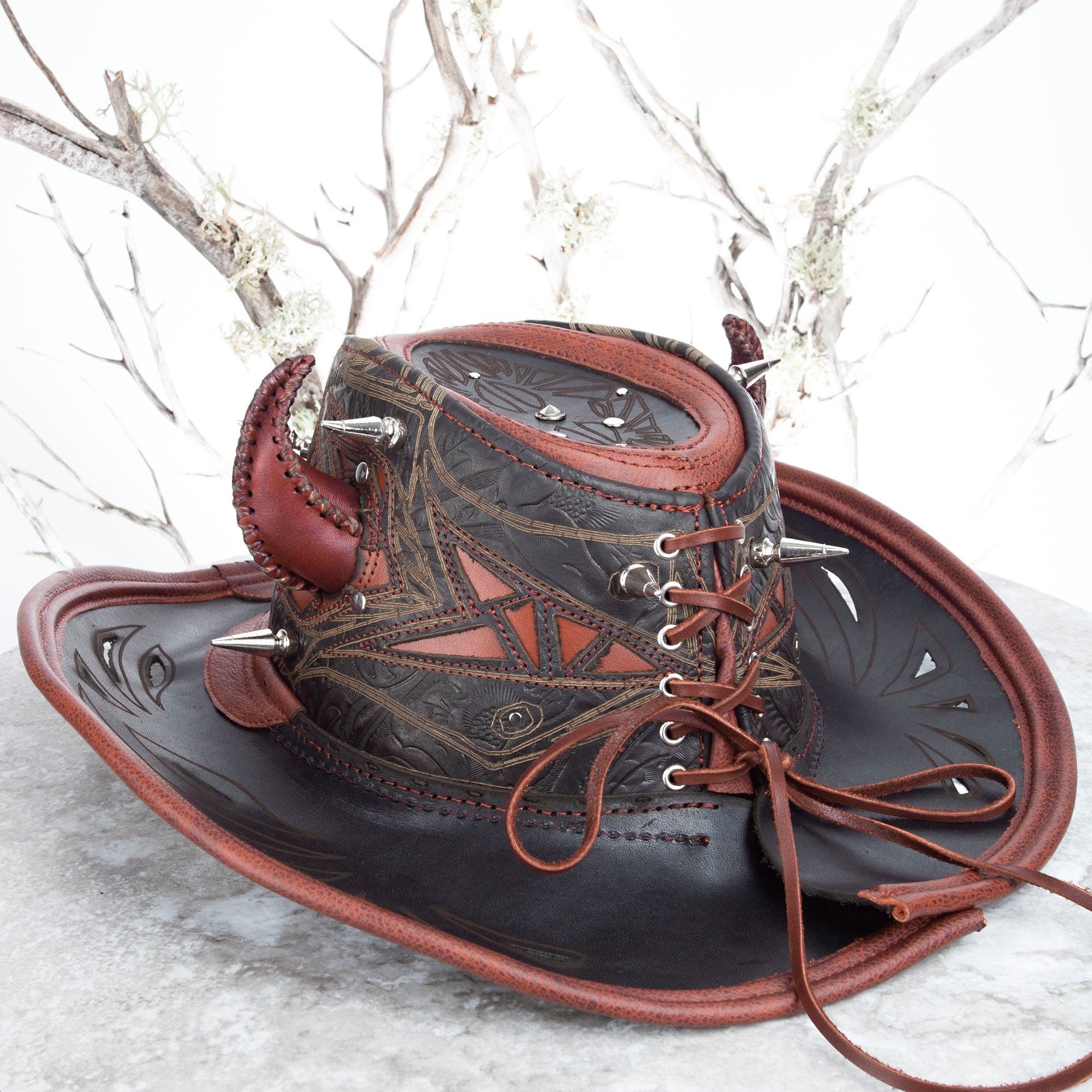 Custom Leather Cowboy Hat With Spikes & Filigree Pirate Eyepatch for Brad - Astral Chrysalis Designs