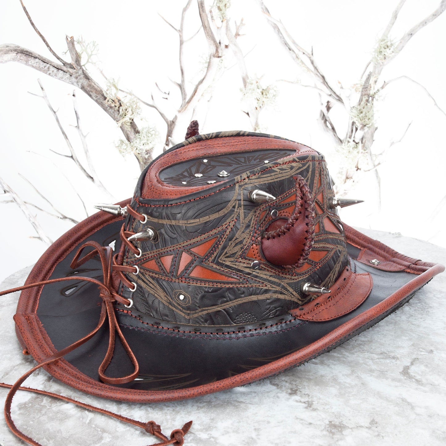 Custom Leather Cowboy Hat With Spikes & Filigree Pirate Eyepatch for Brad - Astral Chrysalis Designs