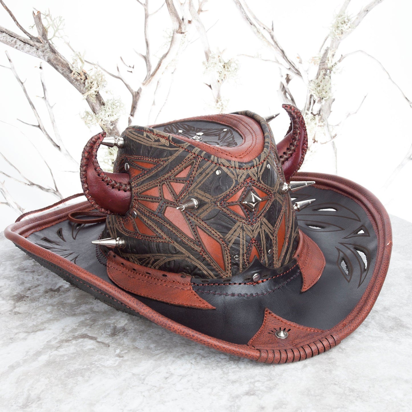 Custom Leather Cowboy Hat With Spikes & Filigree Pirate Eyepatch for Brad - Astral Chrysalis Designs