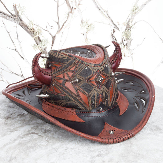 Custom Leather Cowboy Hat With Spikes & Filigree Pirate Eyepatch for Brad - Astral Chrysalis Designs