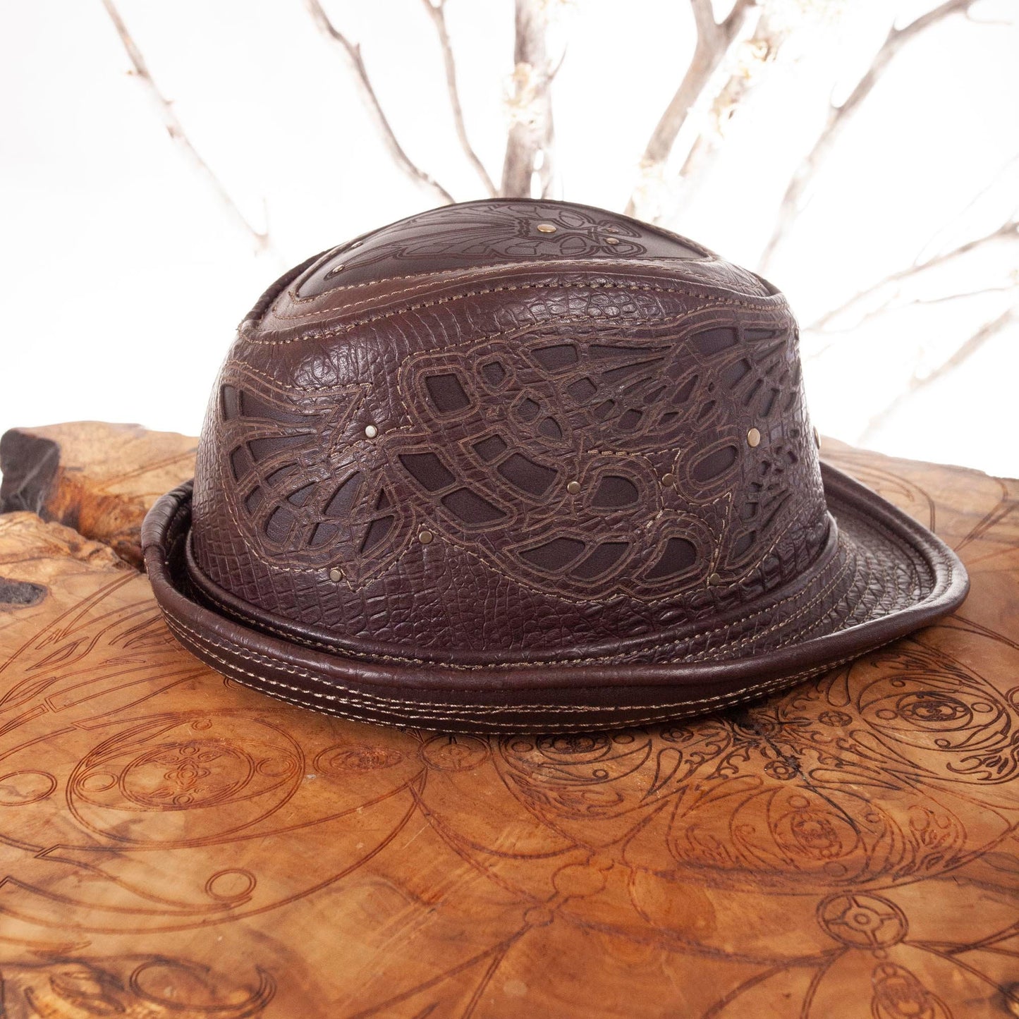 Leather Fedora | Sassafras Fedora | Filigree | Brown Alligator Print | Trilby | Adjustable Brim | Art Engraved | Burning Man | CUSTOM MADE - Astral Chrysalis Designs