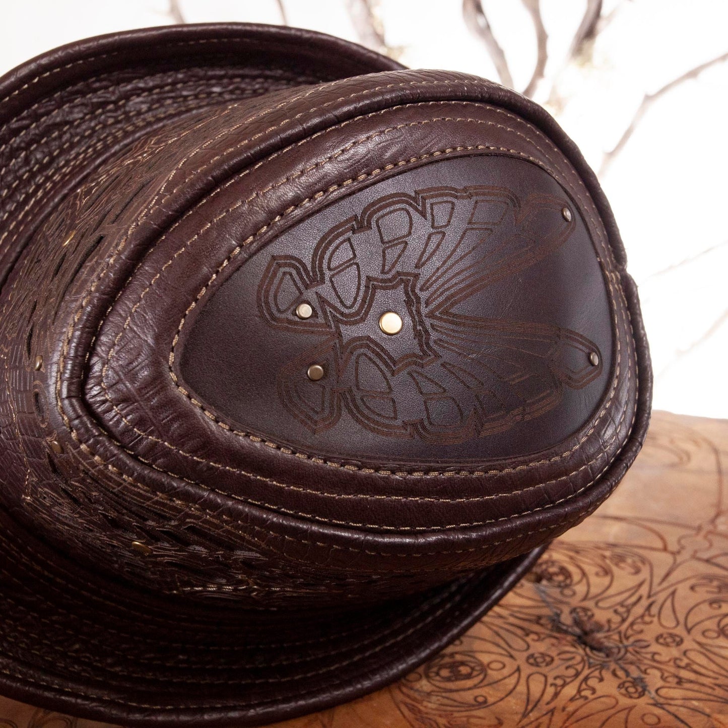 Leather Fedora | Sassafras Fedora | Filigree | Brown Alligator Print | Trilby | Adjustable Brim | Art Engraved | Burning Man | CUSTOM MADE - Astral Chrysalis Designs