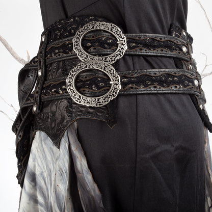 Starfire Skirtbelt | Black & Grey | Silk, Lace & Leather | Made To Order - Astral Chrysalis Designs