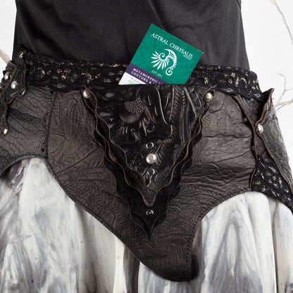 Starfire Skirtbelt | Black & Grey | Silk, Lace & Leather | Made To Order - Astral Chrysalis Designs