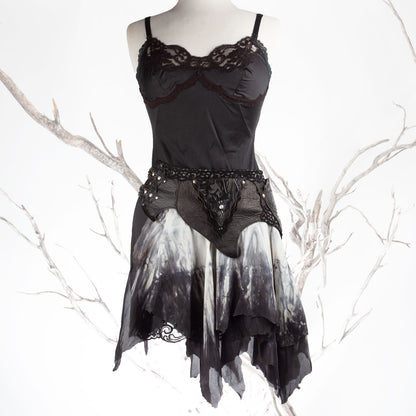 Starfire Skirtbelt | Black & Grey | Silk, Lace & Leather | Made To Order - Astral Chrysalis Designs