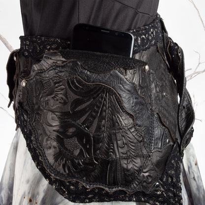 Starfire Skirtbelt | Black & Grey | Silk, Lace & Leather | Made To Order - Astral Chrysalis Designs