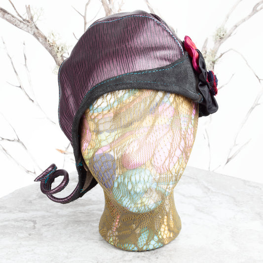 Ellowyn Leather Cloche | Purple & Pearlescent Leather with Flower | Fits a 21-21.5 Inch Head