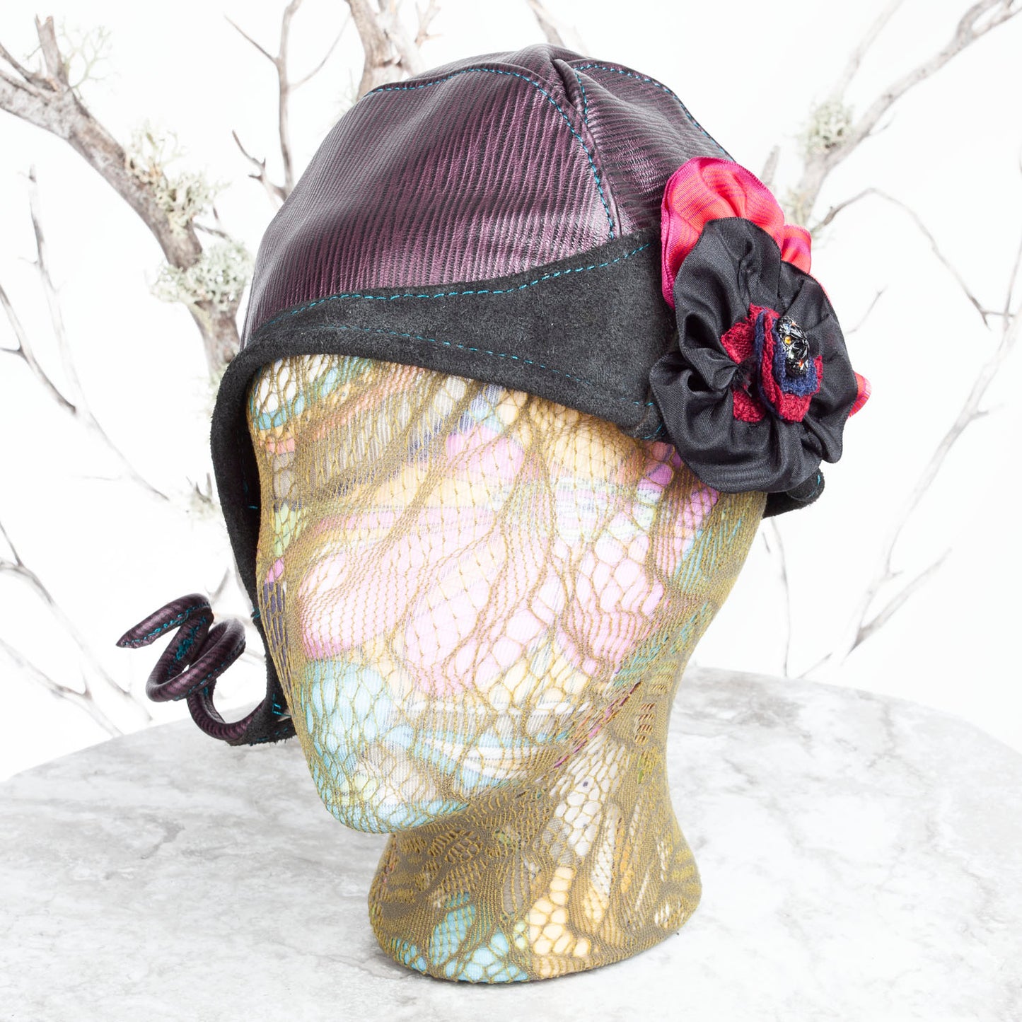 Ellowyn Leather Cloche | Purple & Pearlescent Leather with Flower | Fits a 21-21.5 Inch Head