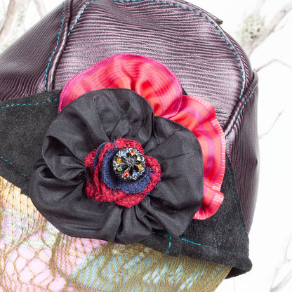 Ellowyn Leather Cloche | Purple & Pearlescent Leather with Flower | Fits a 21-21.5 Inch Head - Astral Chrysalis Designs