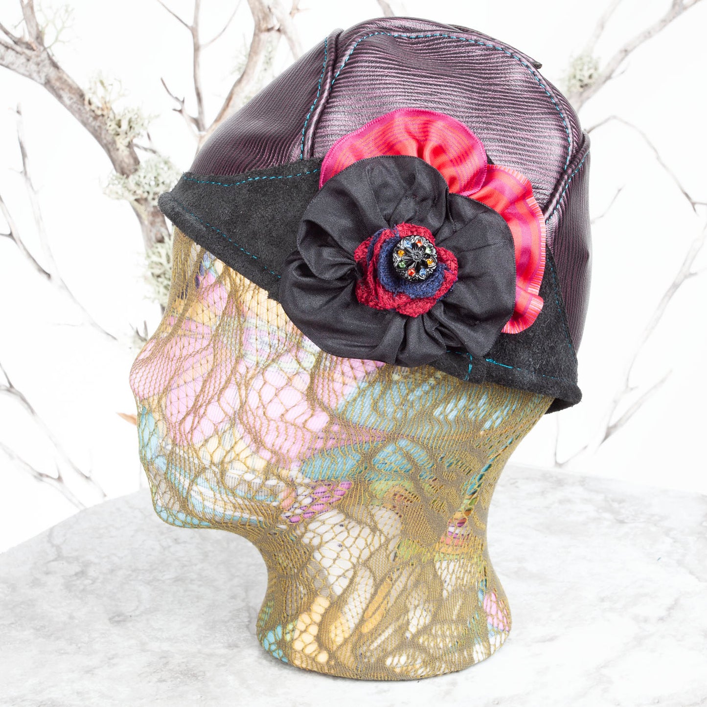 Ellowyn Leather Cloche | Purple & Pearlescent Leather with Flower | Fits a 21-21.5 Inch Head