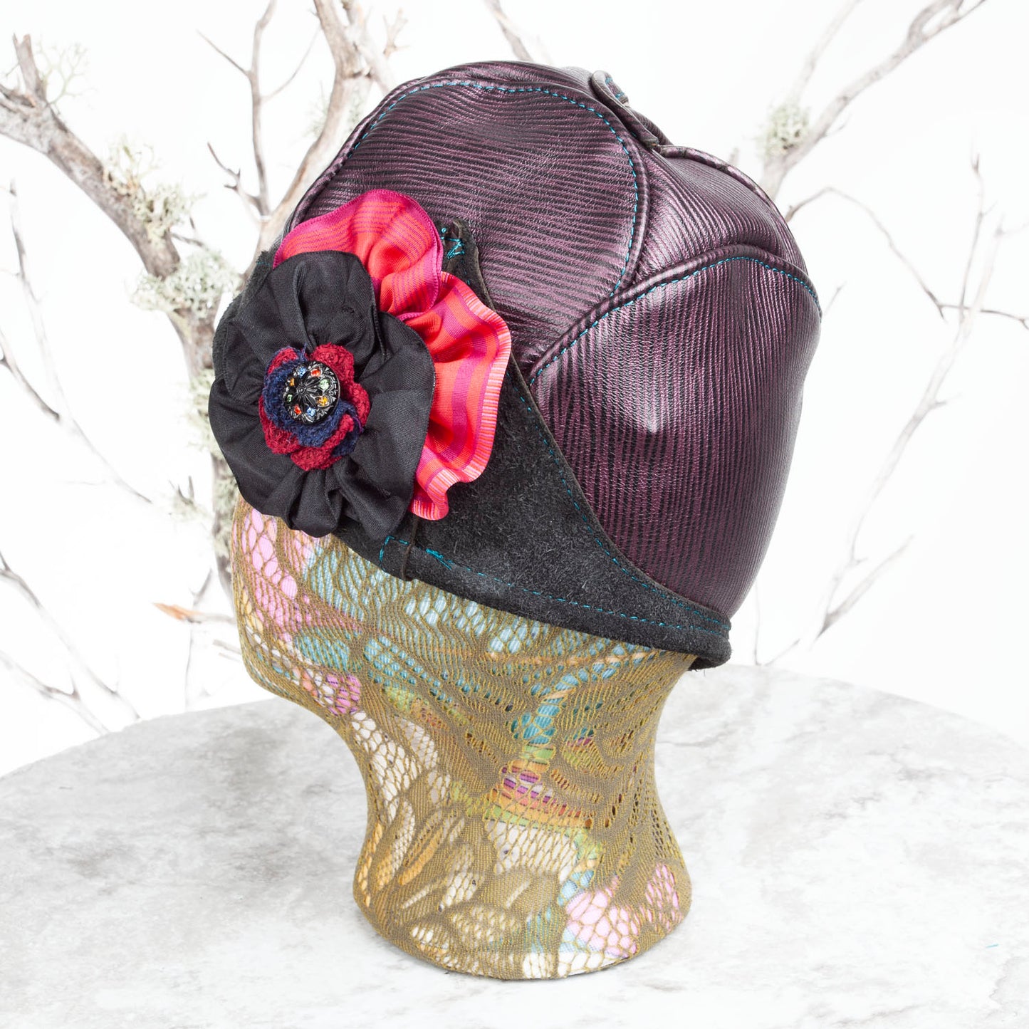 Ellowyn Leather Cloche | Purple & Pearlescent Leather with Flower | Fits a 21-21.5 Inch Head