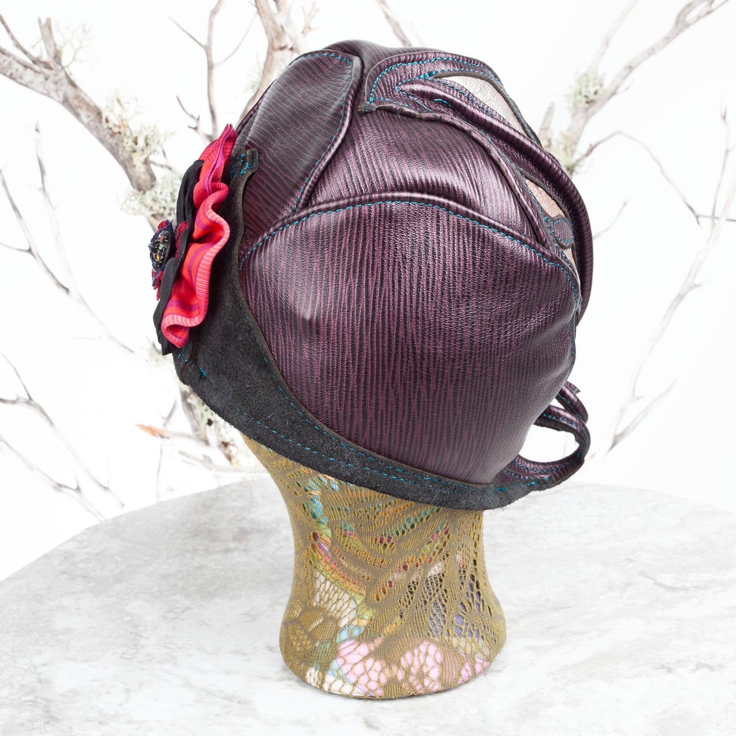 Ellowyn Leather Cloche | Purple & Pearlescent Leather with Flower | Fits a 21-21.5 Inch Head