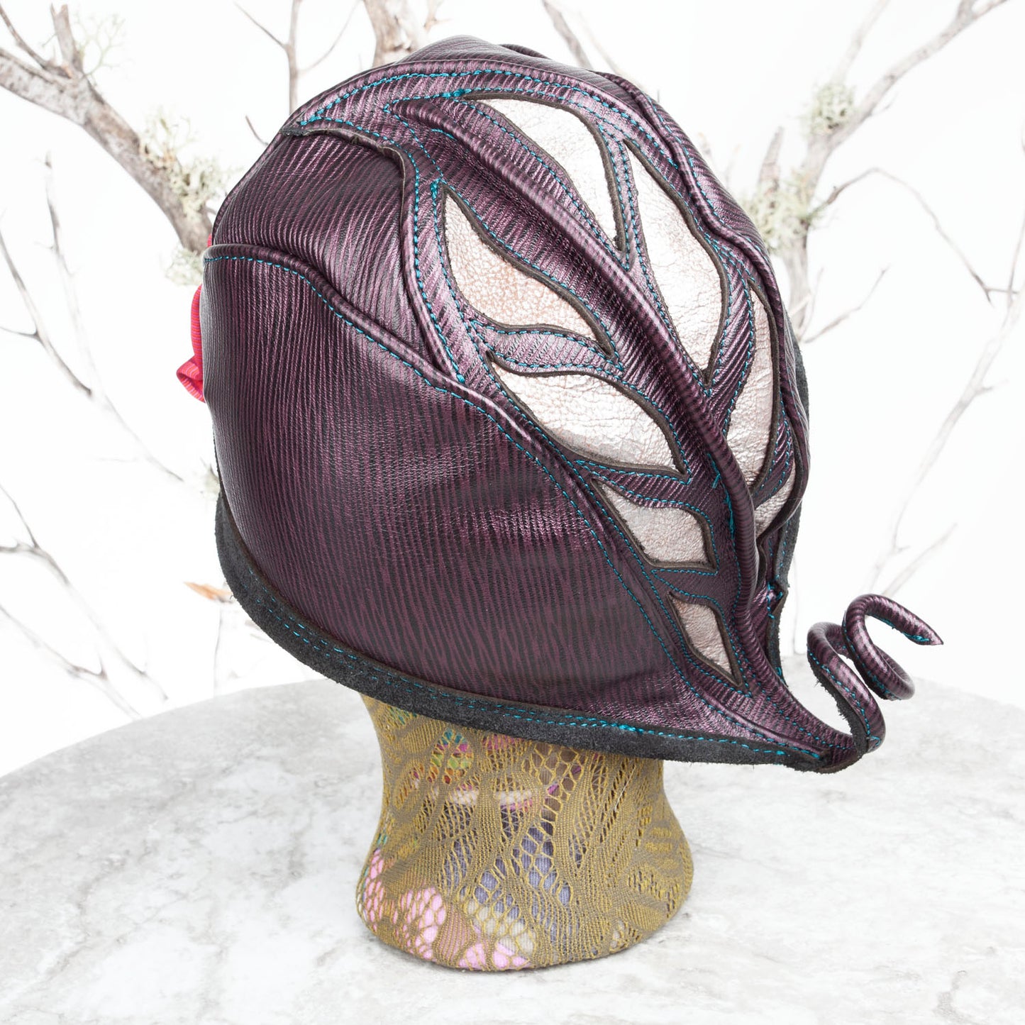 Ellowyn Leather Cloche | Purple & Pearlescent Leather with Flower | Fits a 21-21.5 Inch Head